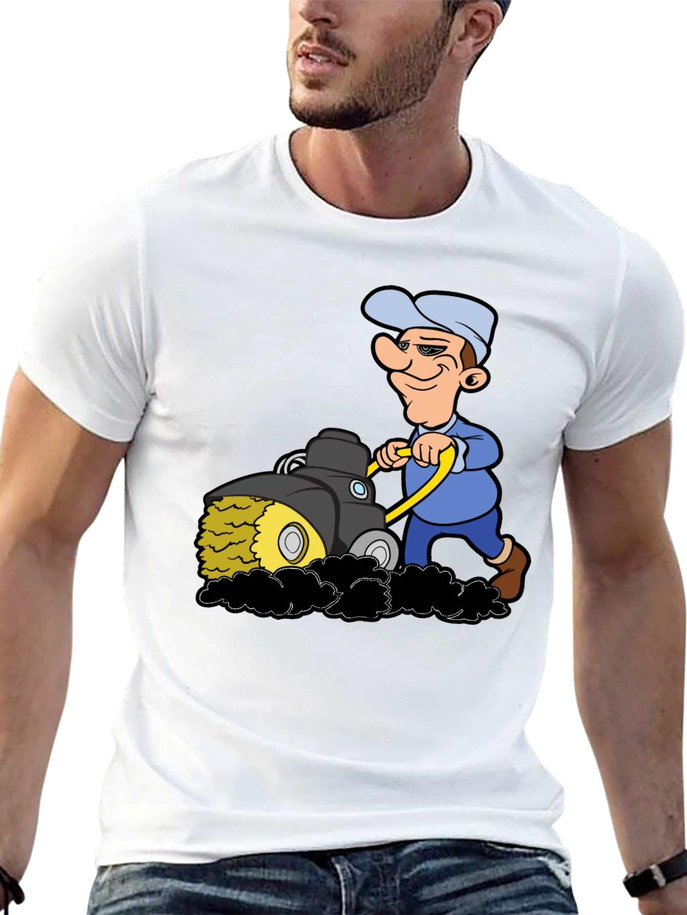Black Cartoon Lawn Mower T-Shirt view 13