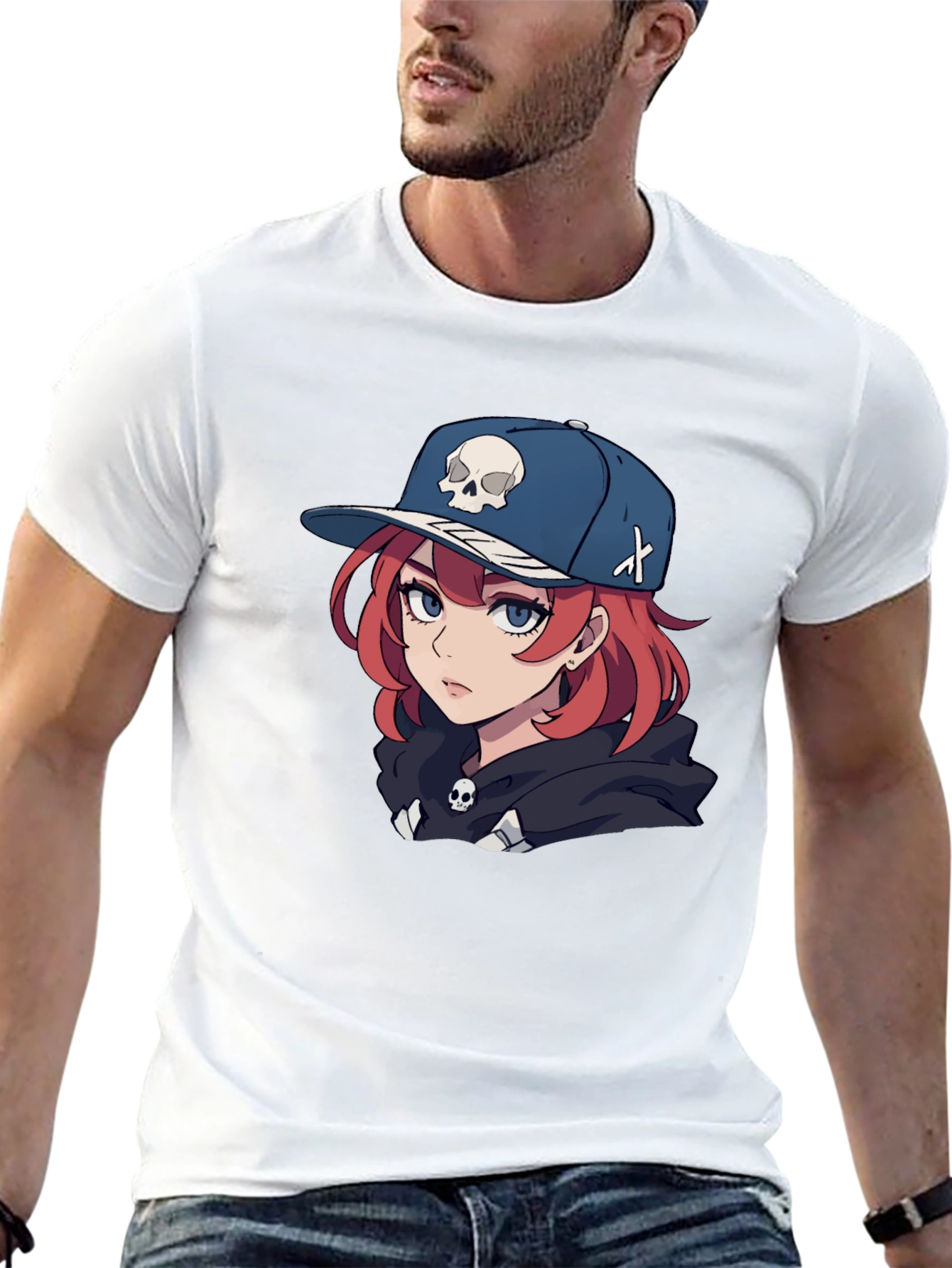 Black Anime Girl Skull Hat Graphic Black T-Shirt view 13