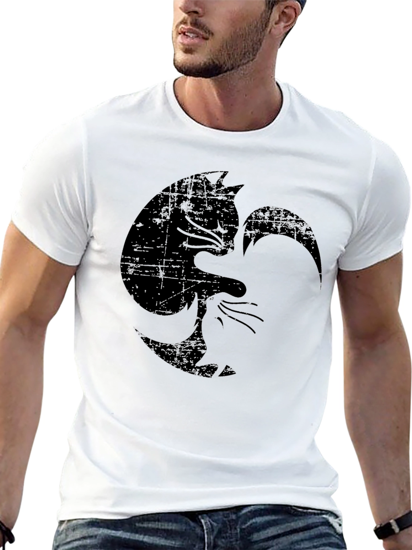 Black Distressed Yin Yang Cat Graphic Tee view 13