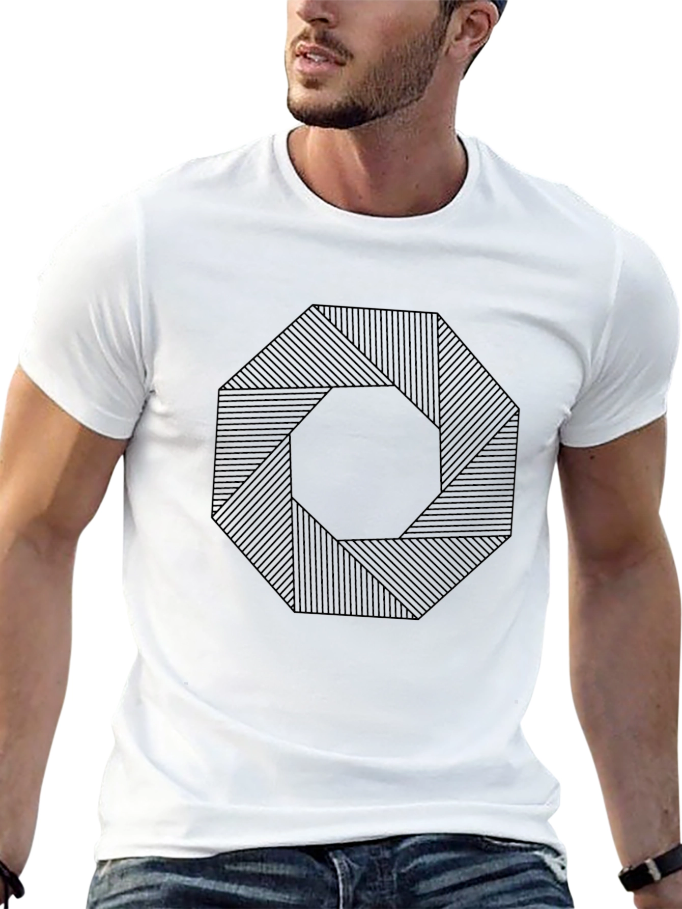Black Geometric Octagon Pattern Black T-Shirt view 13