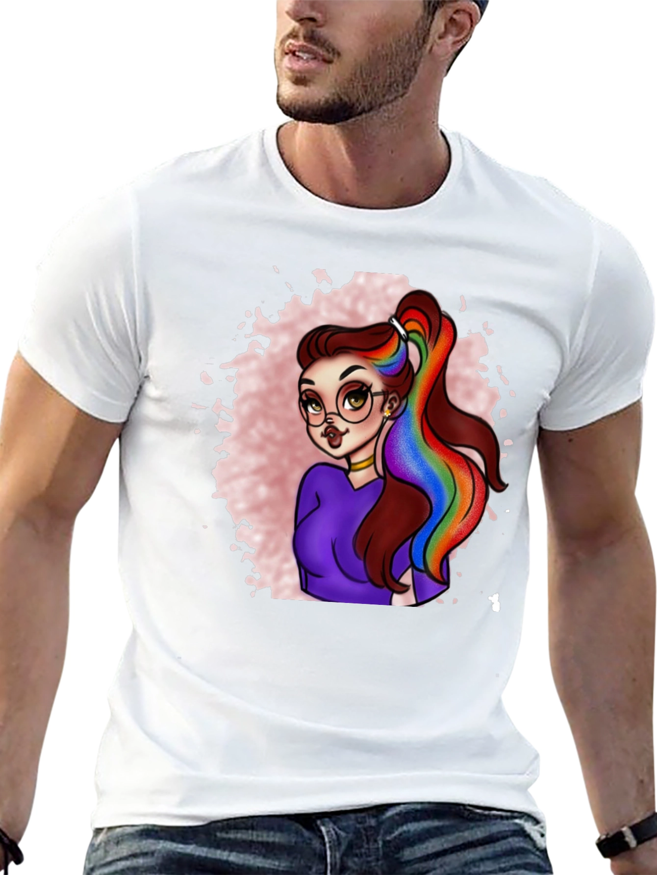 Black Rainbow Hair Cartoon Graphic T-Shirt view 13