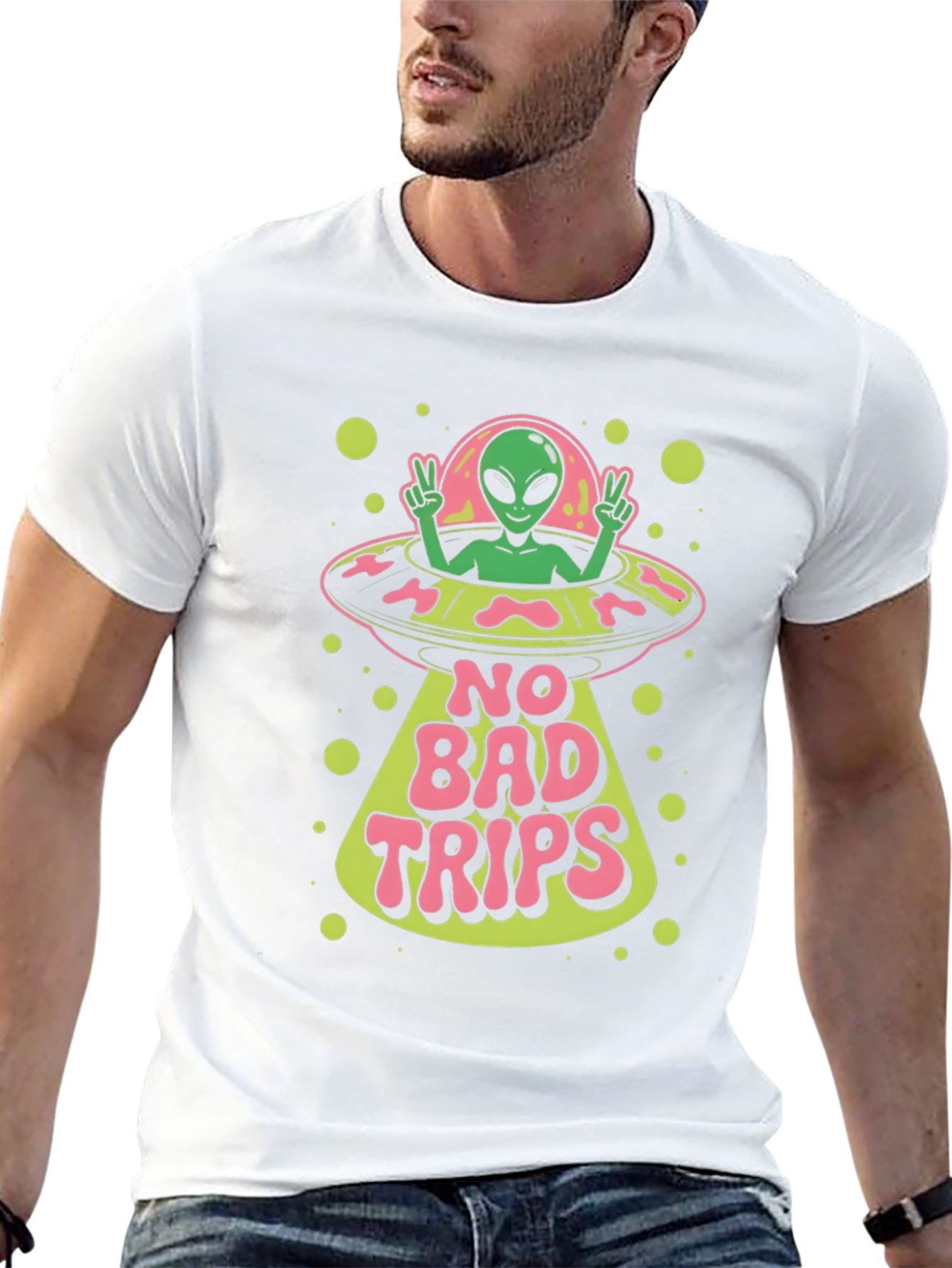 Black No Bad Trips Alien UFO Graphic T-Shirt view 13