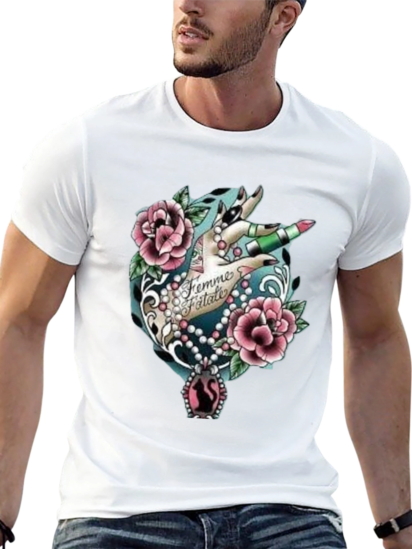 Black Femme Fatale Graphic T-Shirt - Roses & Lipstick Design view 13