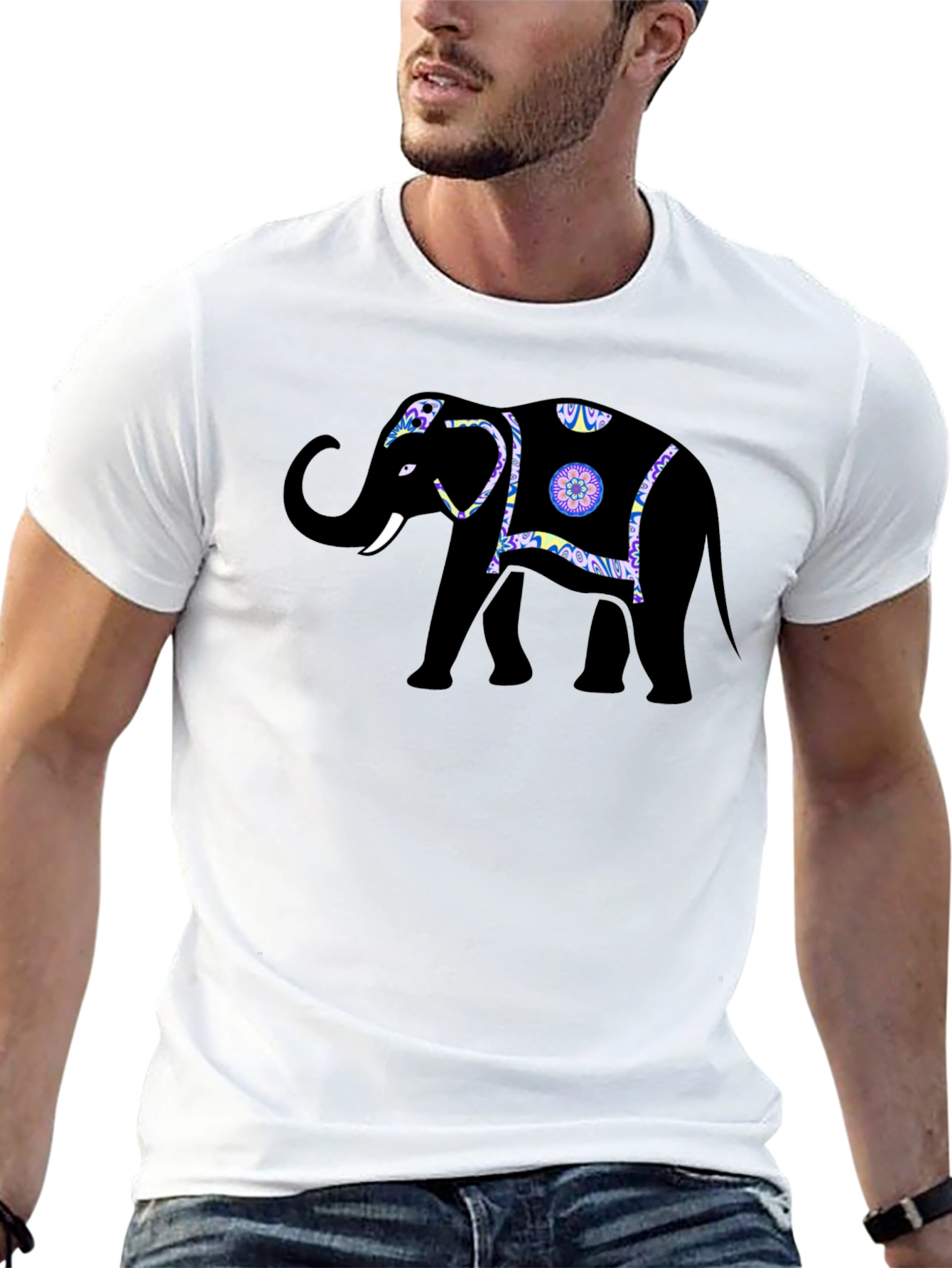 Black Elephant Graphic Print Crew Neck T-Shirt view 13