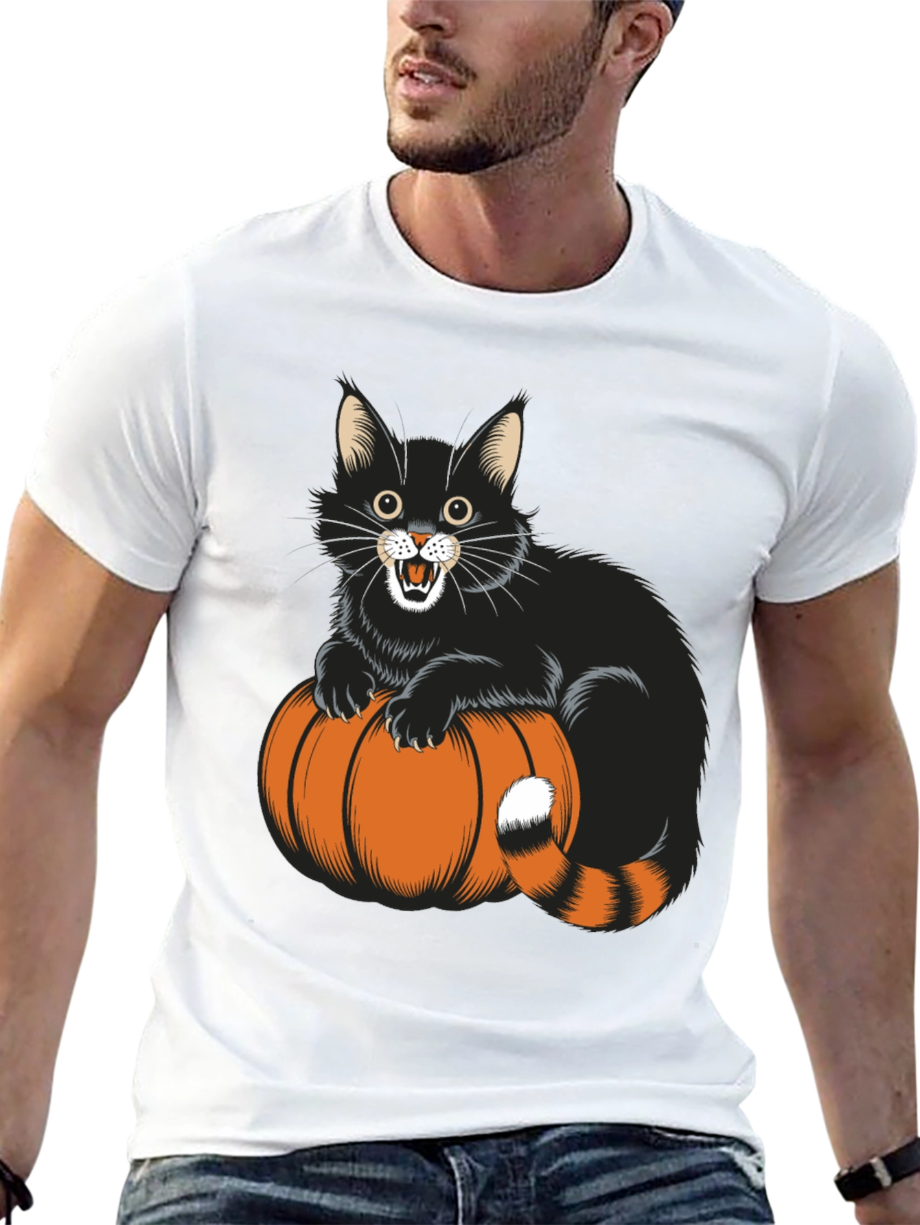 Black Halloween Cat & Pumpkin Black T-Shirt view 13