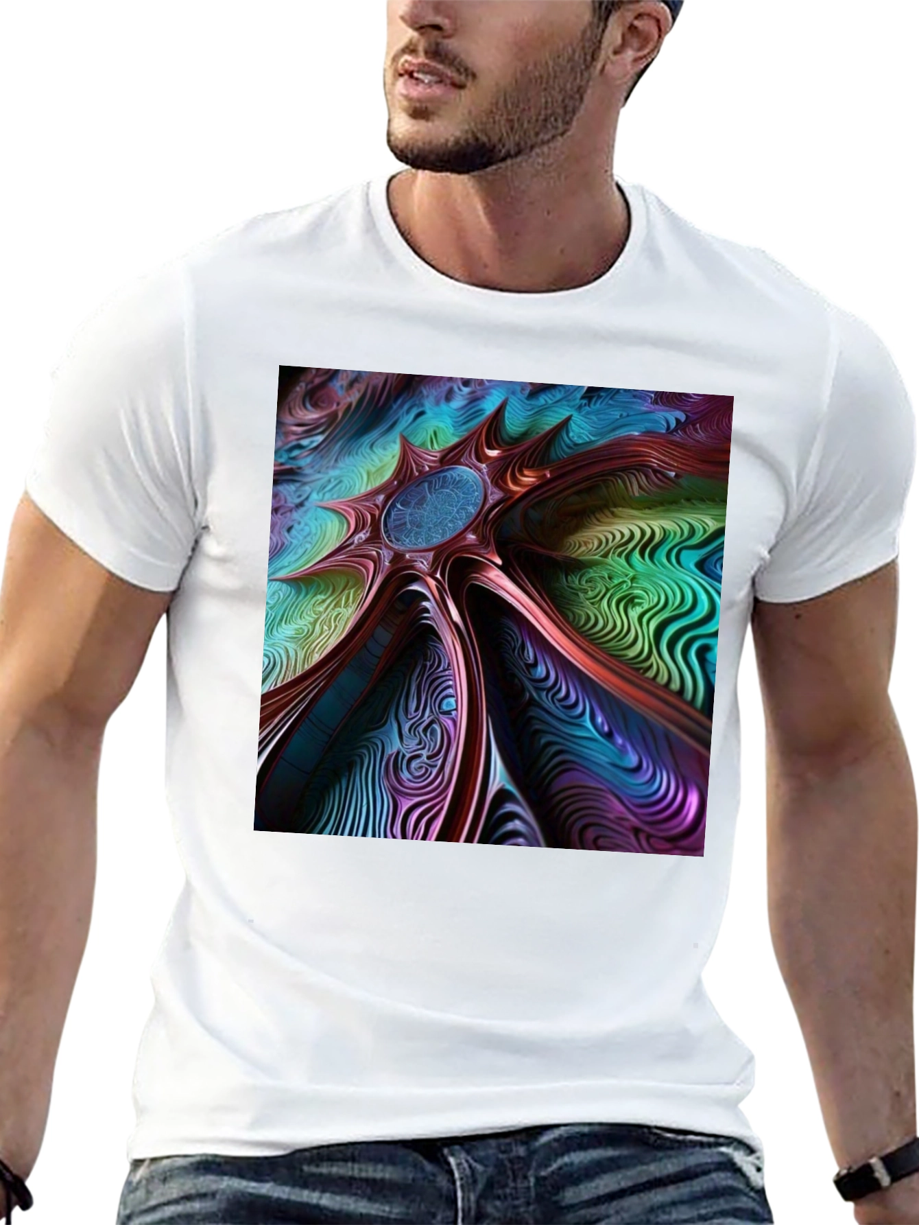 Black Abstract Art Tee: Colorful Vortex Design view 13