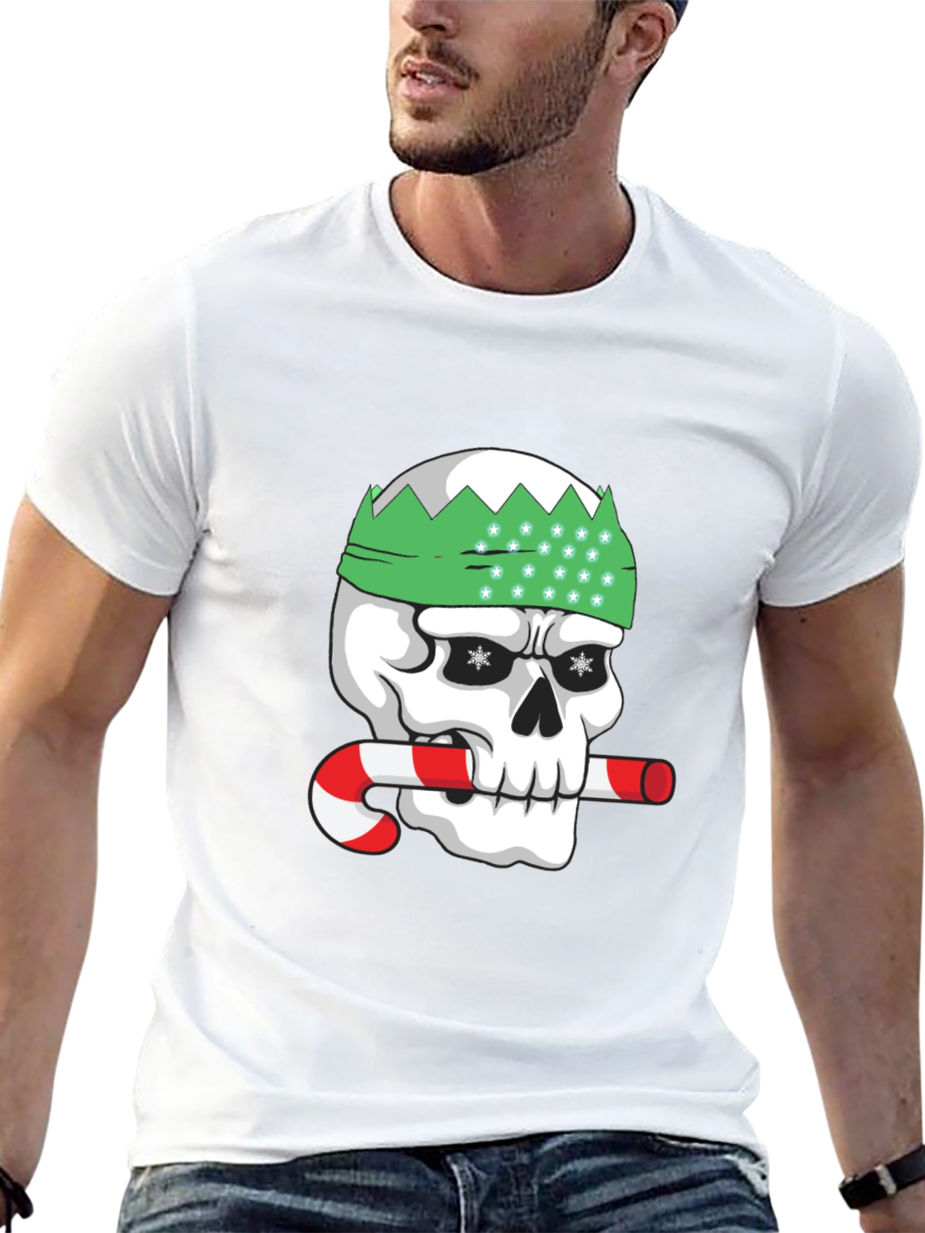Black Festive Skull Graphic Tee - Holiday Humor view 13