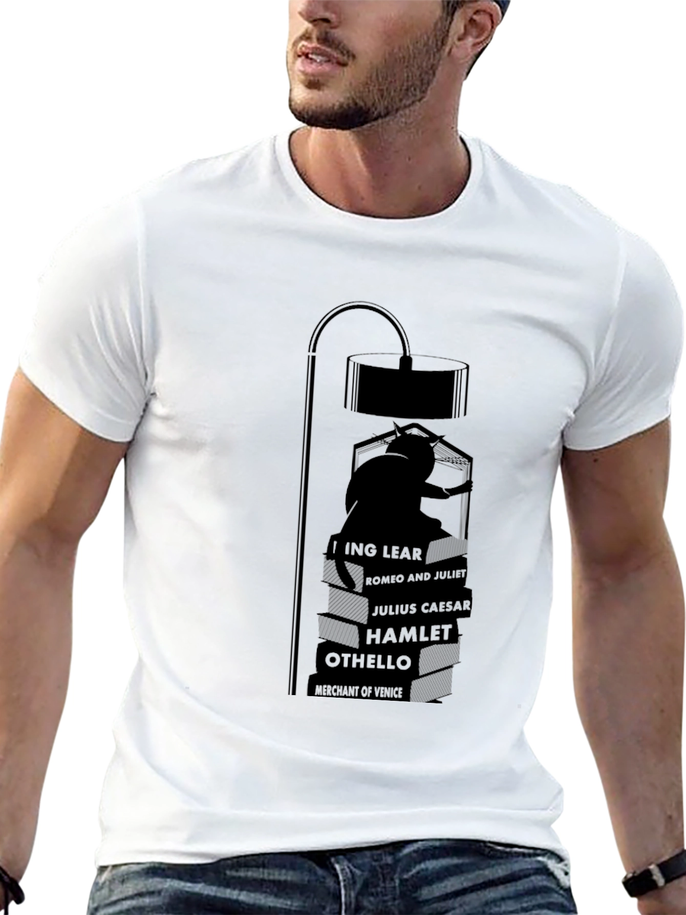 Black Literary Cat Lamp Black T-Shirt view 13