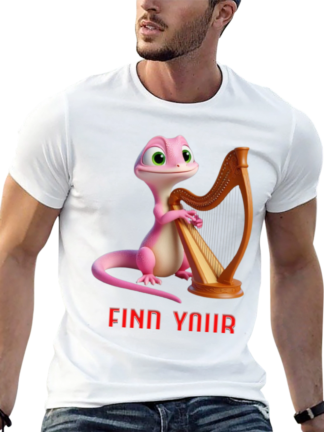 Black Whimsical Gecko Harpist Graphic Tee view 13