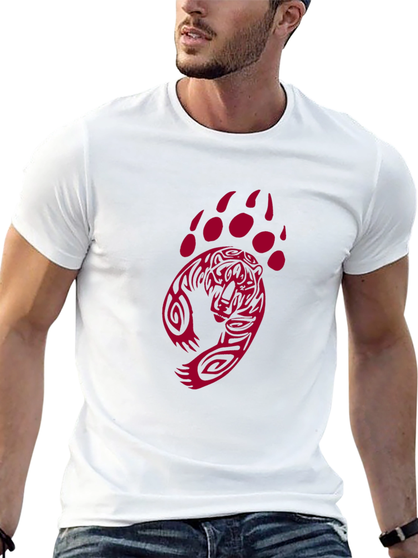 Black Men's Black T-Shirt with Red Bear Paw Design view 13