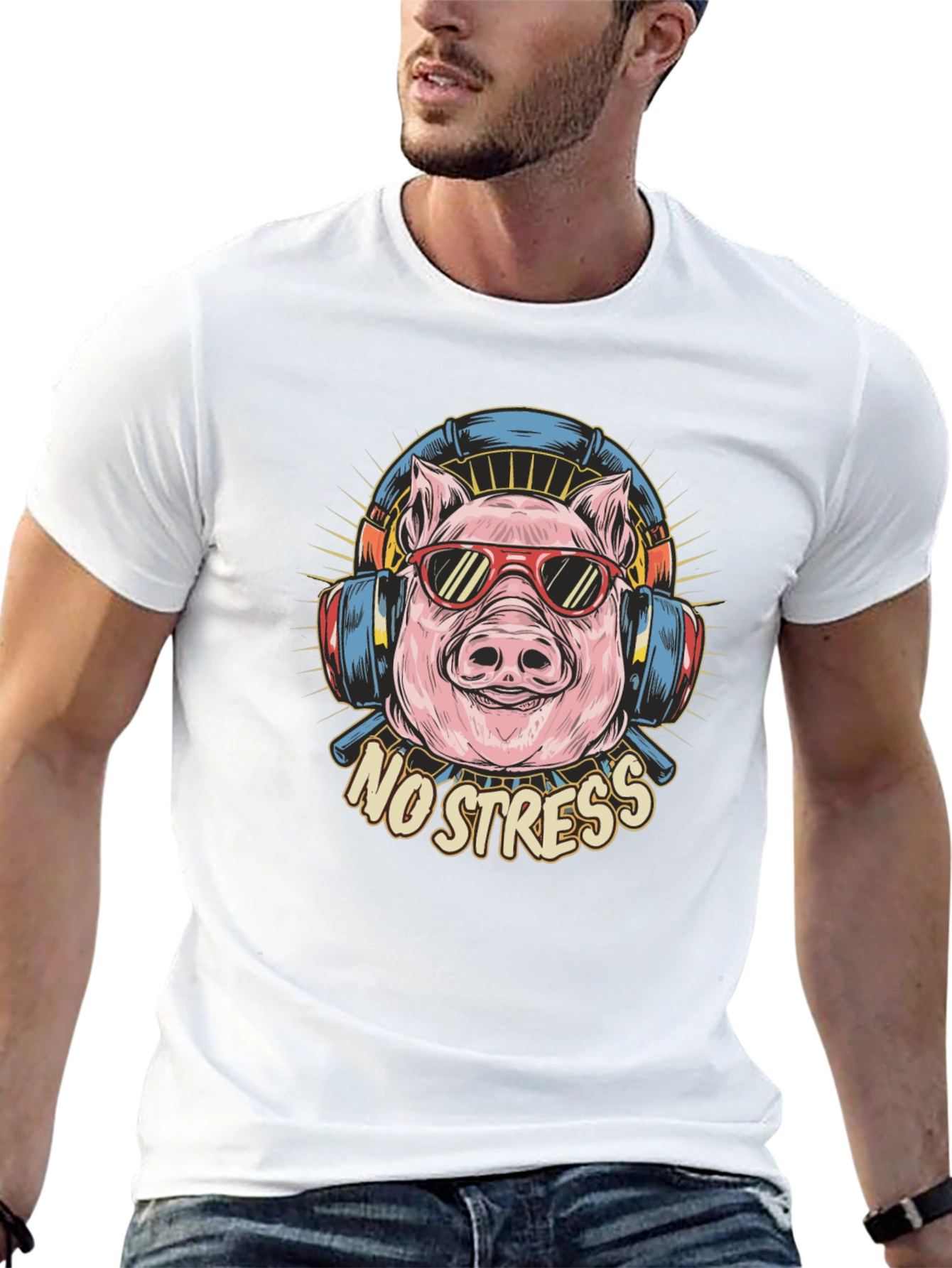 Black No Stress Pig Graphic Tee - Relaxed Fit view 13