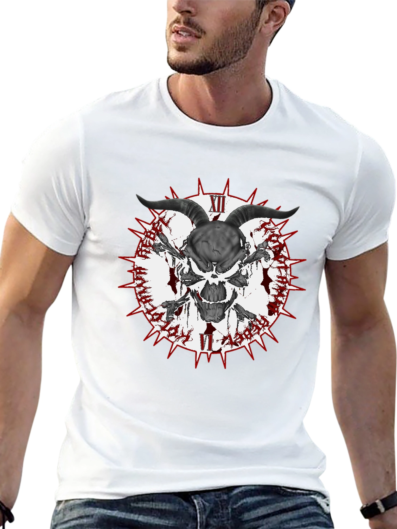 Black Skull Horns Crossbones Graphic T-Shirt - Men's Black Tee view 13