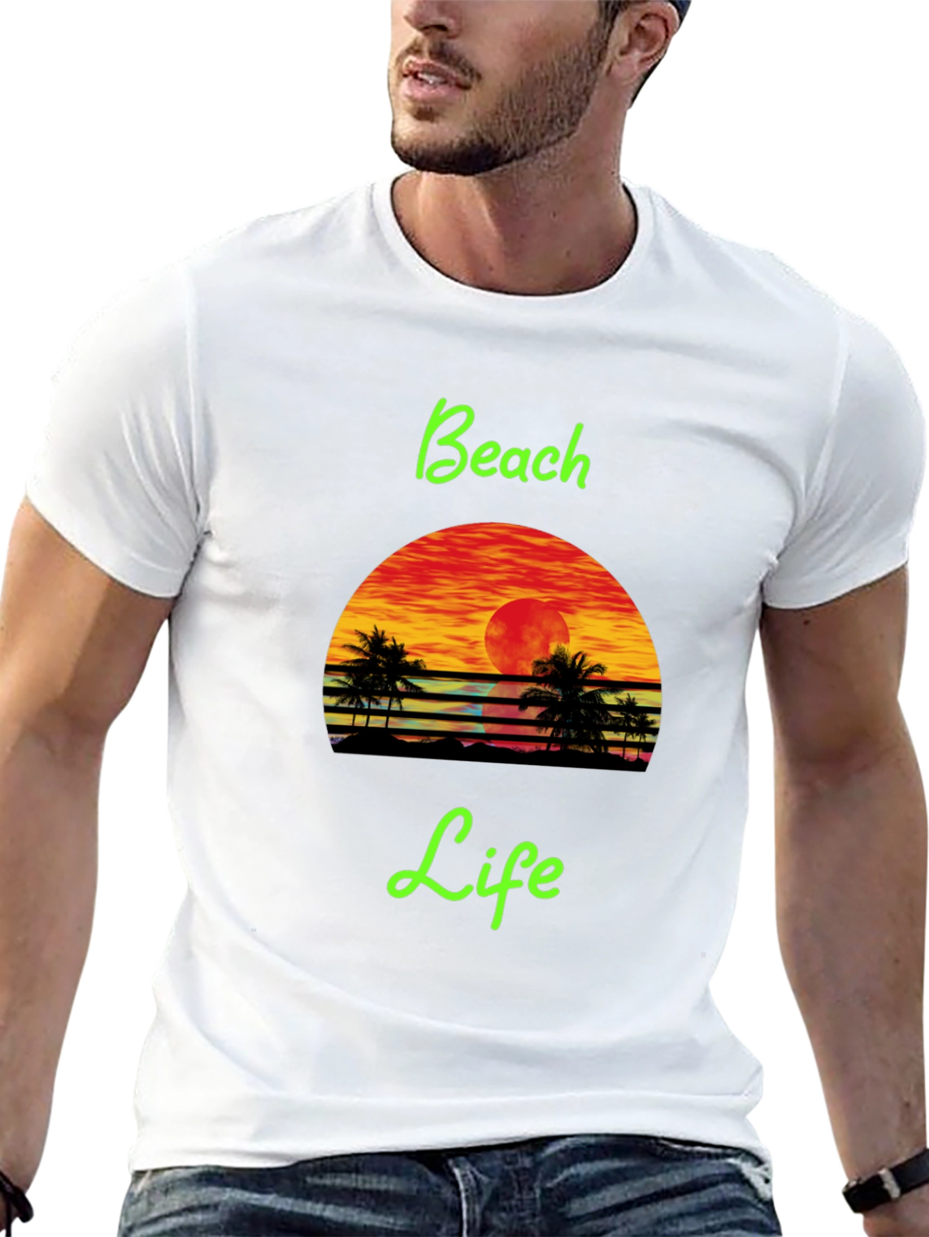 Black Beach Life Black T-Shirt Retro Sunset Palm Tree Design view 13