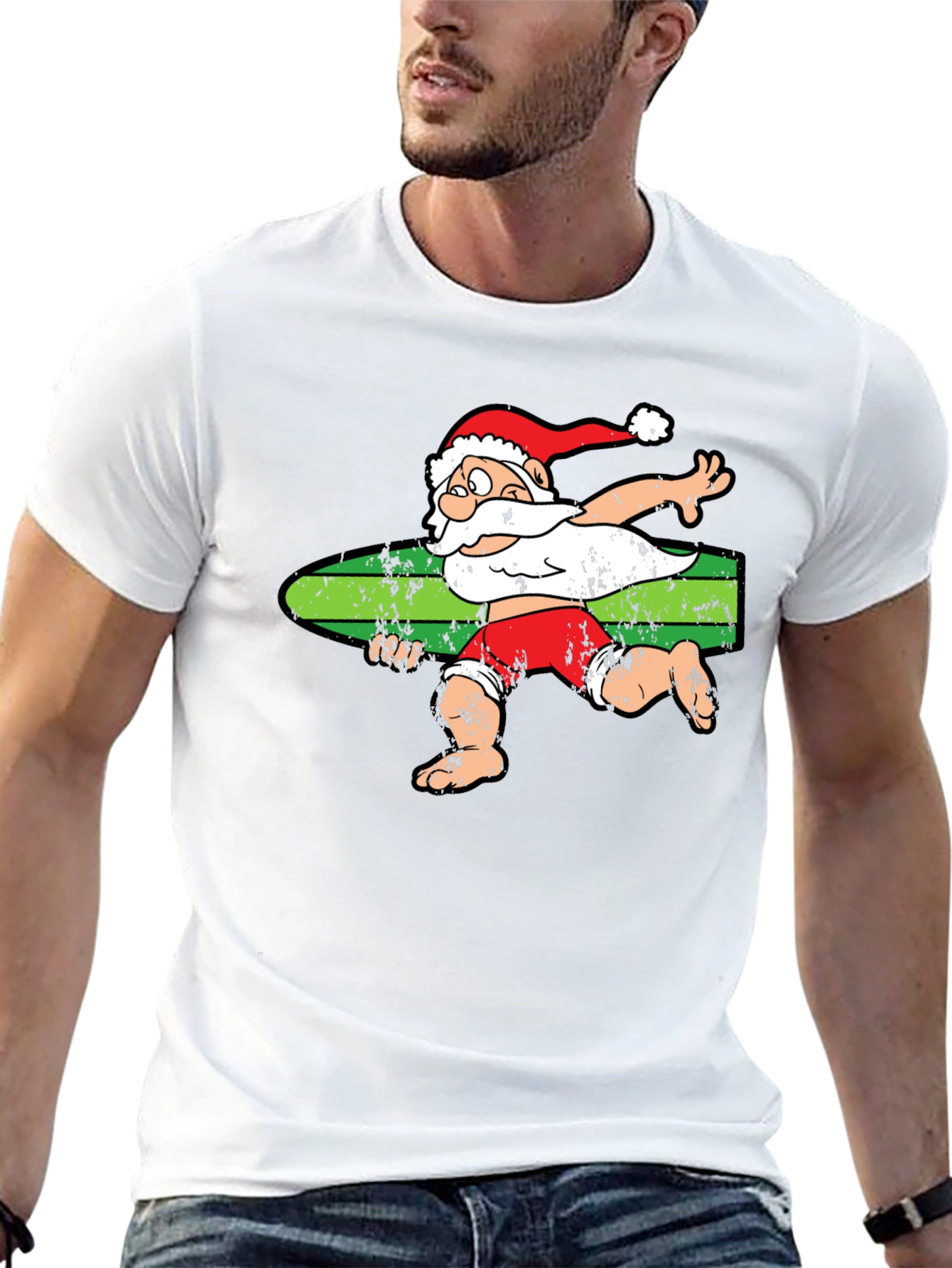 Black Surfing Santa T-Shirt - Christmas Holiday Tee view 13