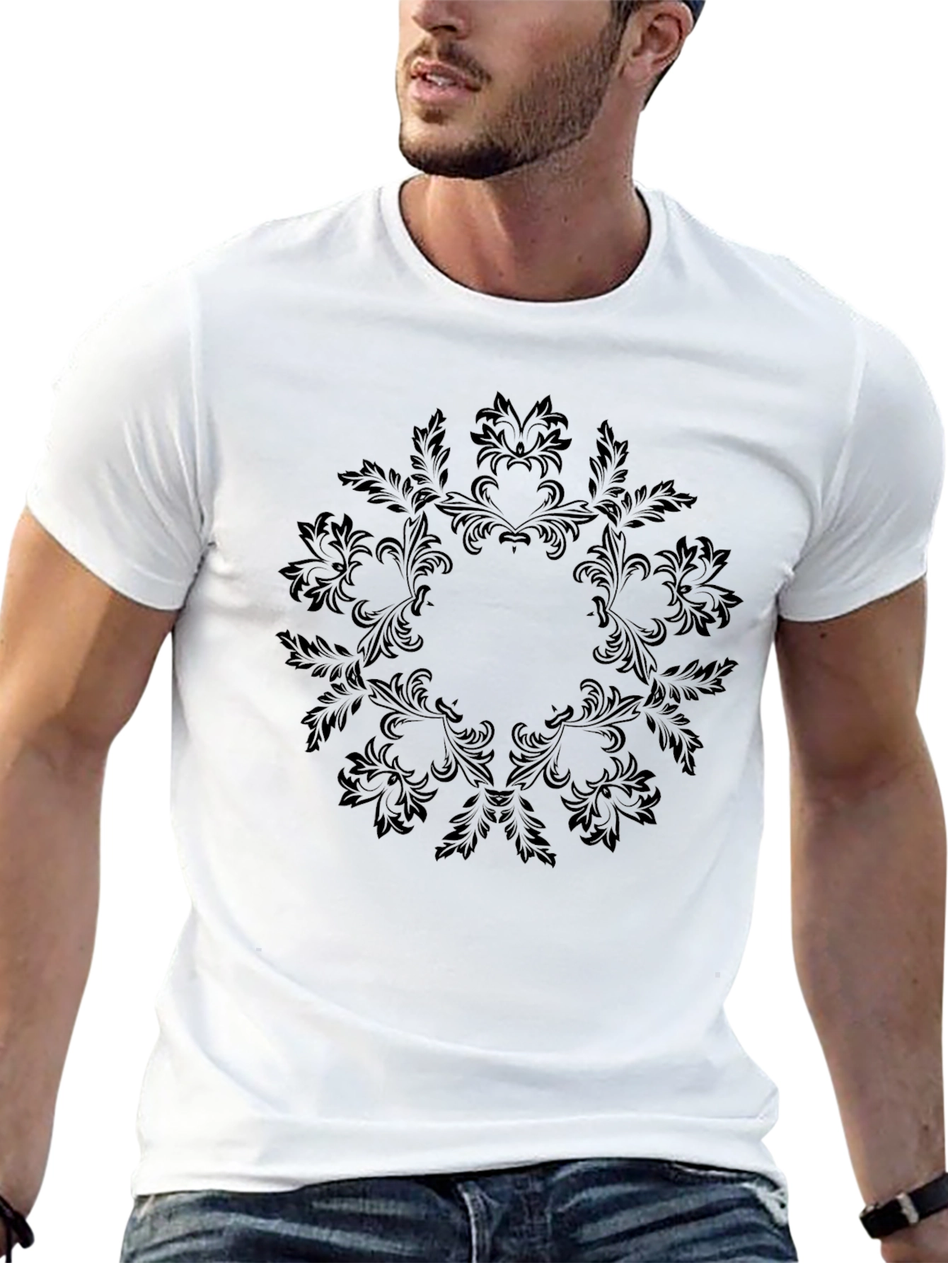 Black Elegant Black Floral Mandala T-Shirt view 13