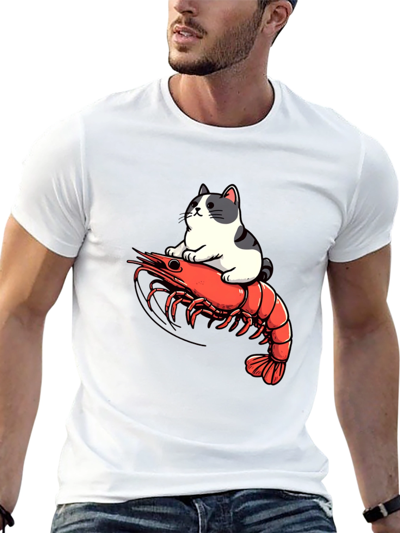 Black Cat Riding Shrimp T-Shirt - Funny Graphic Tee view 13