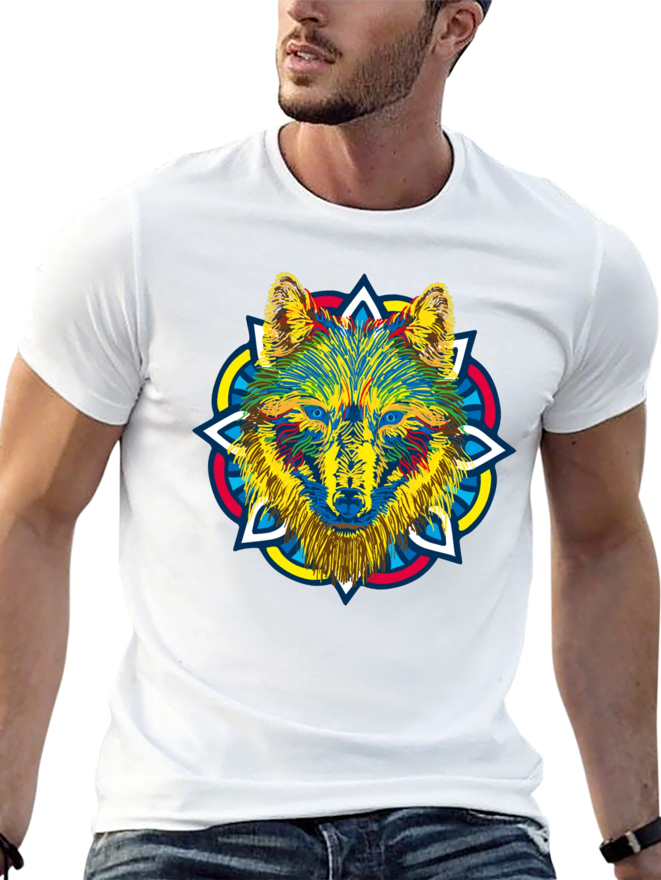 Black Wolf Mandala Graphic Print Men's Black T-Shirt view 13