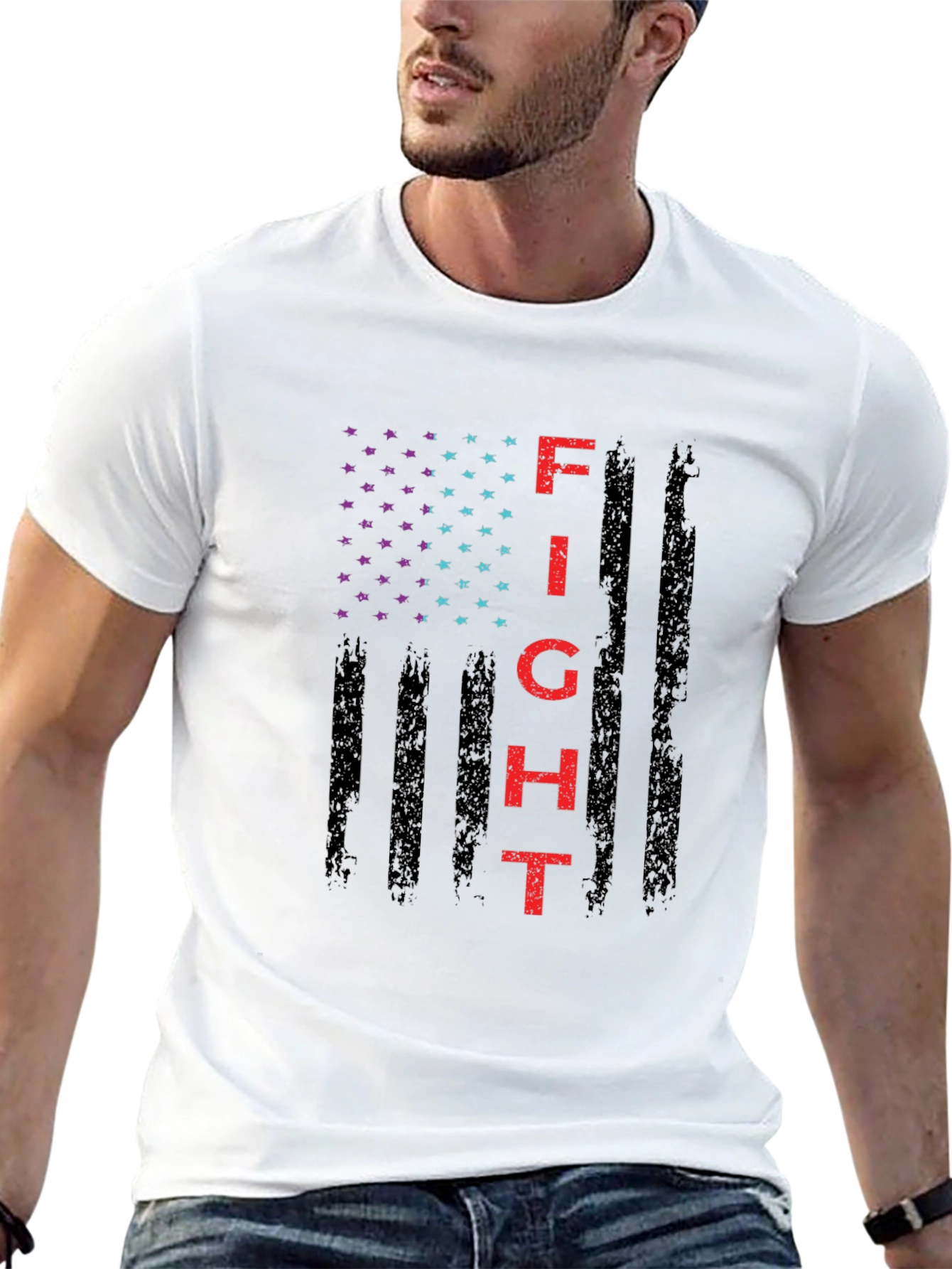 Black Fight Graphic T-Shirt - Patriotic American Flag Design view 13
