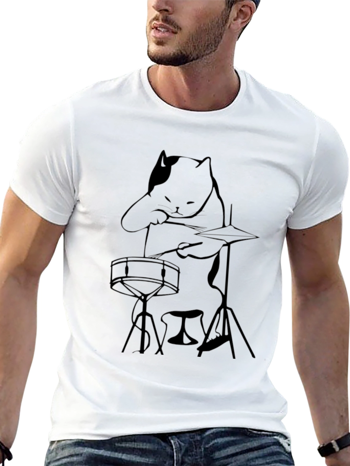 Black Cool Cat Drummer Black T-Shirt view 13