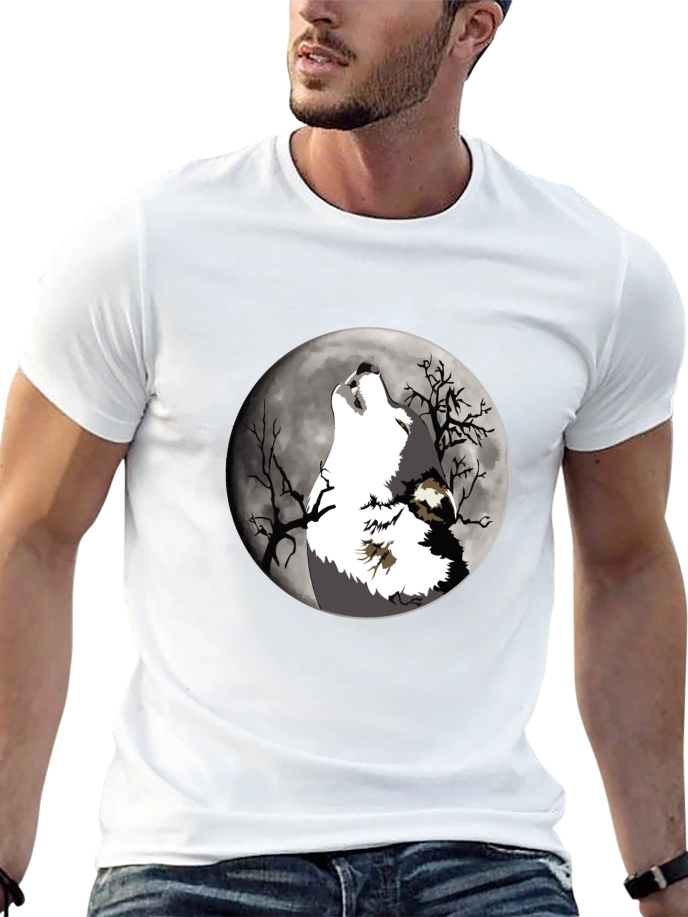 Black Wolf Howling at Moon Graphic T-Shirt view 13