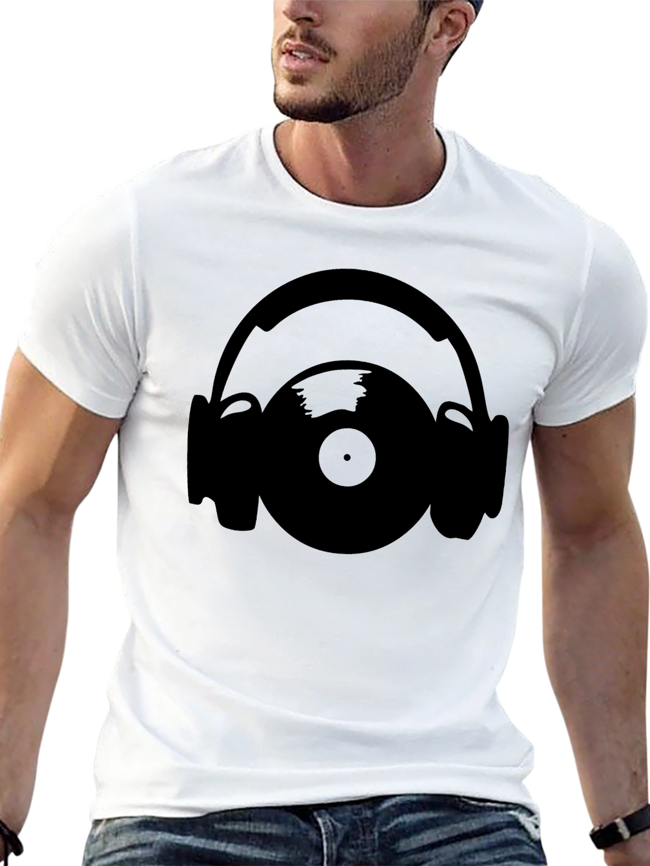 Black Vinyl Record & Headphones Graphic T-Shirt view 13