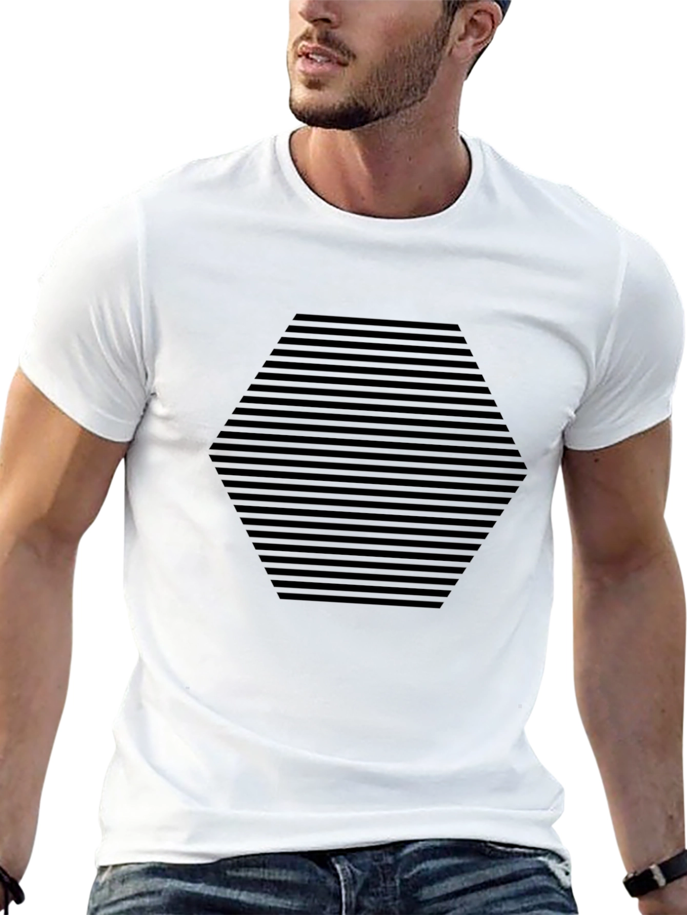 Black Men's Black Geometric Hexagon Striped T-Shirt view 13