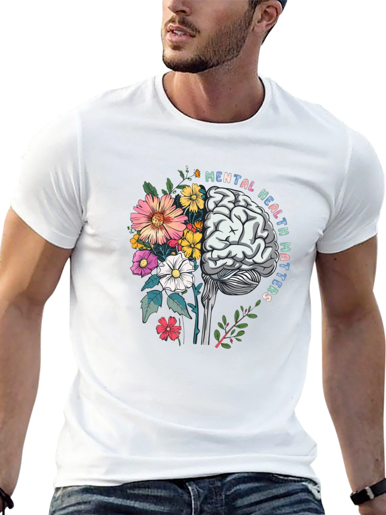 Black Mental Health Matters T-Shirt Brain Flowers Graphic view 13
