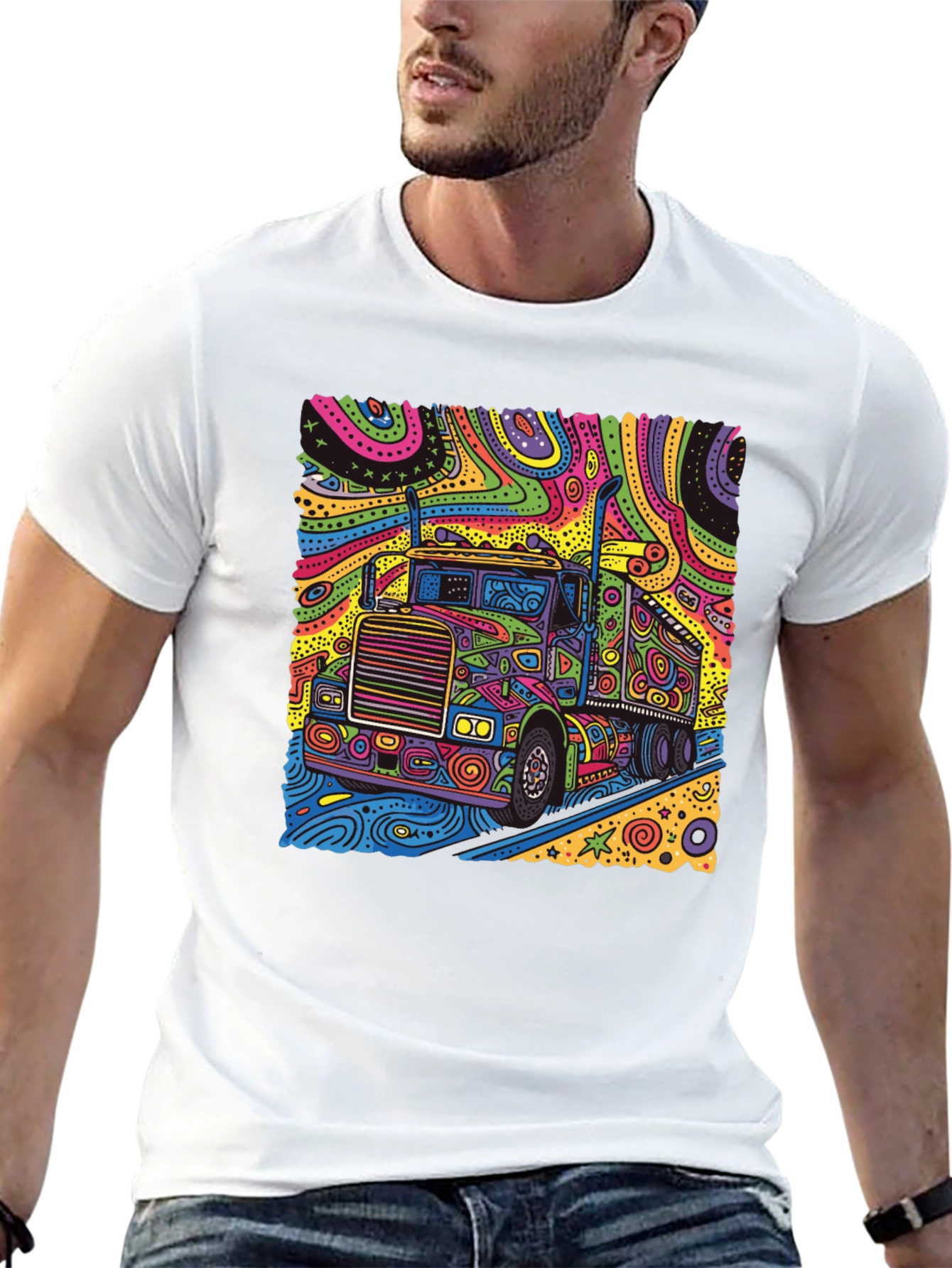 Black Psychedelic Truck T-Shirt - Colorful Semi Truck Design view 13