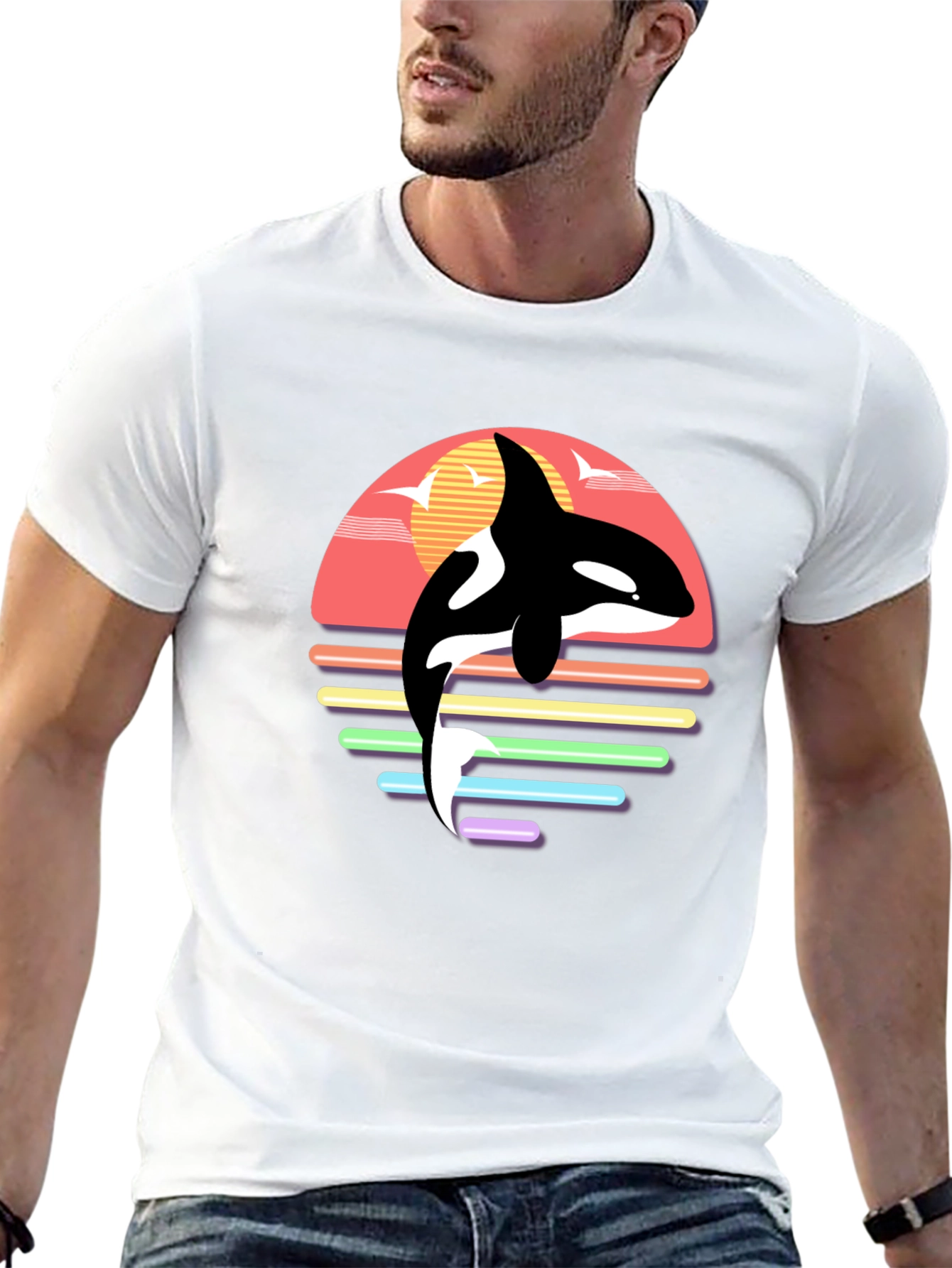 Black Retro Orca Whale Sunset Graphic T-Shirt view 13