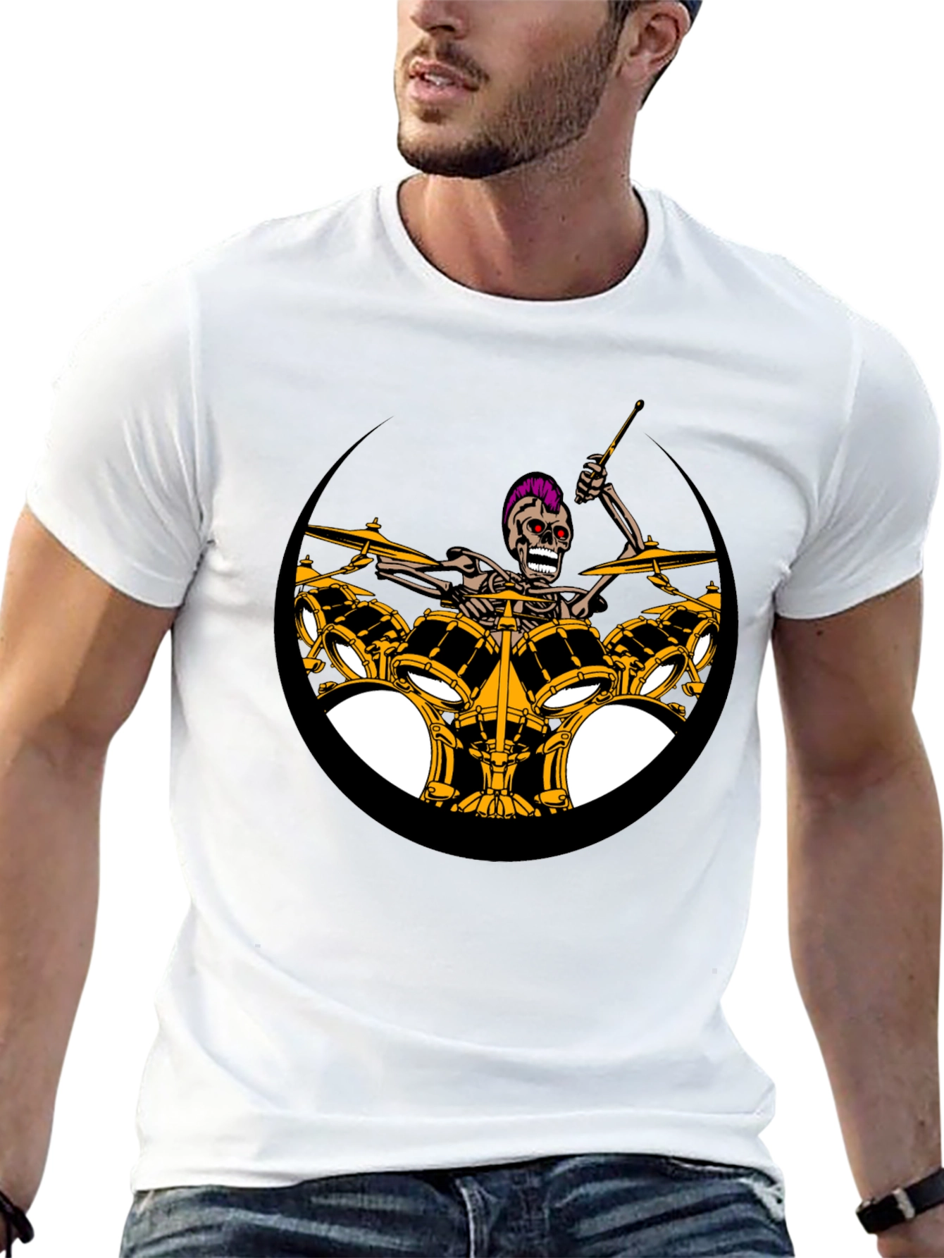 Black Skeleton Drummer Graphic Print Black T-Shirt view 13