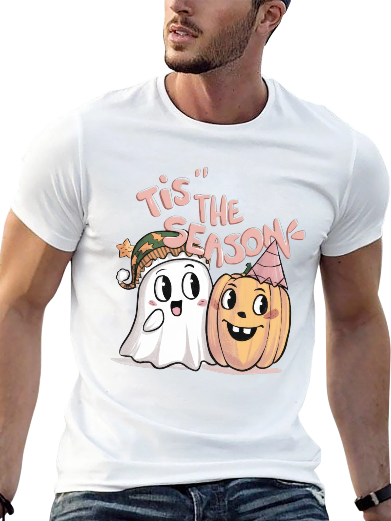 Black Tis' the Season Halloween Ghost & Pumpkin T-Shirt view 13