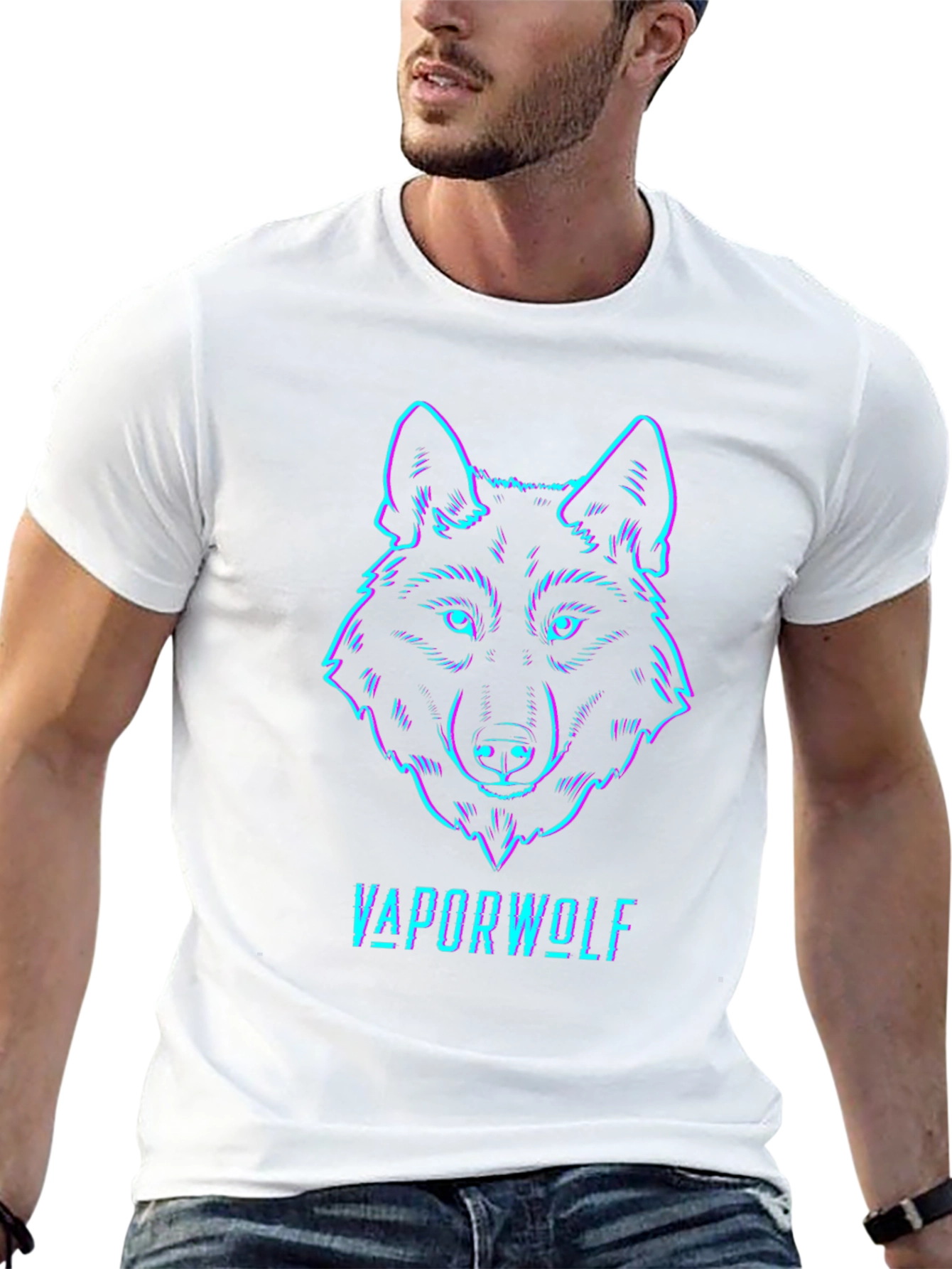 Black Vaporwave Wolf Graphic Tee - Black Cotton T-Shirt view 13