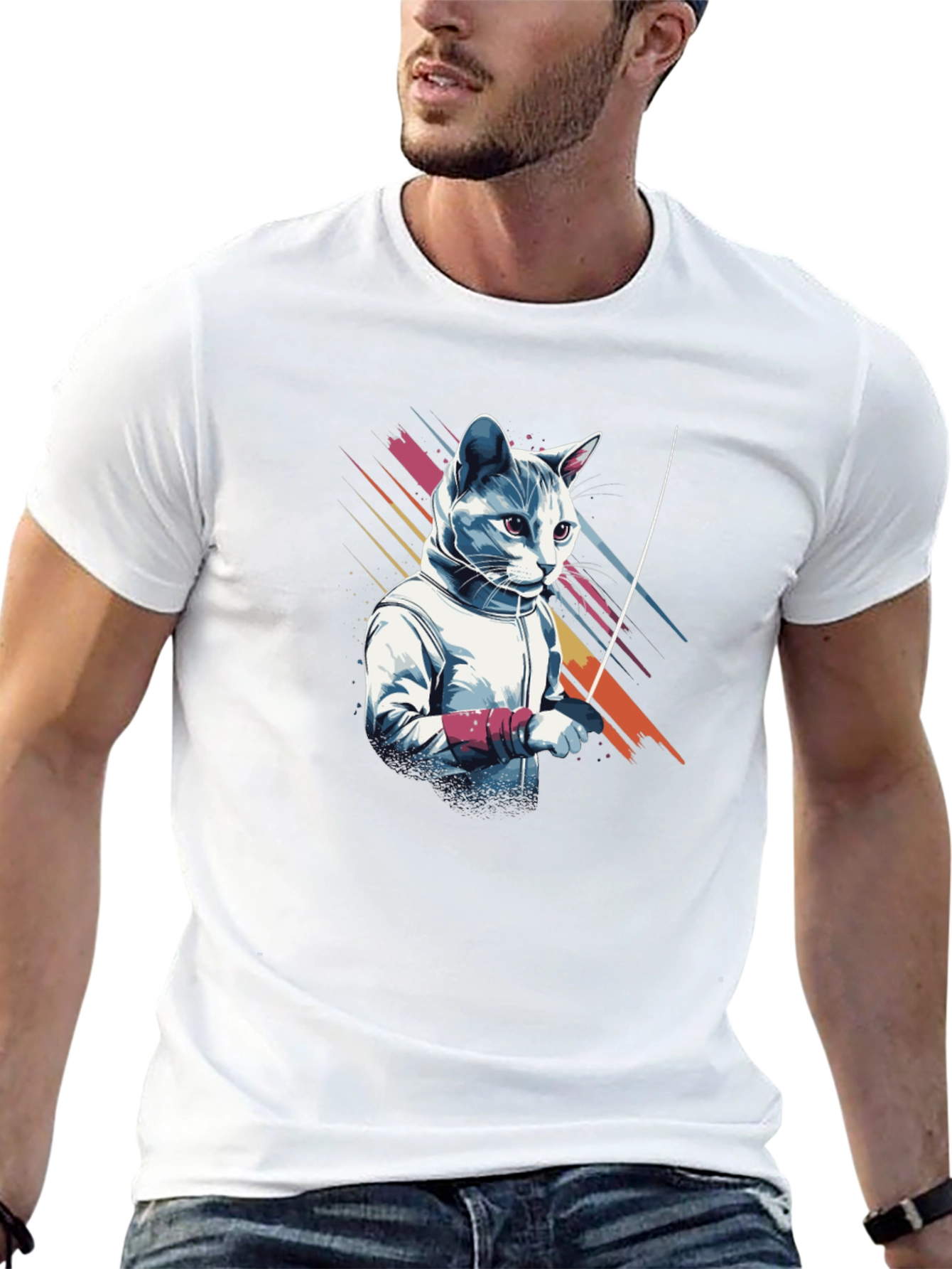 Black Fencing Cat Graphic T-Shirt view 13