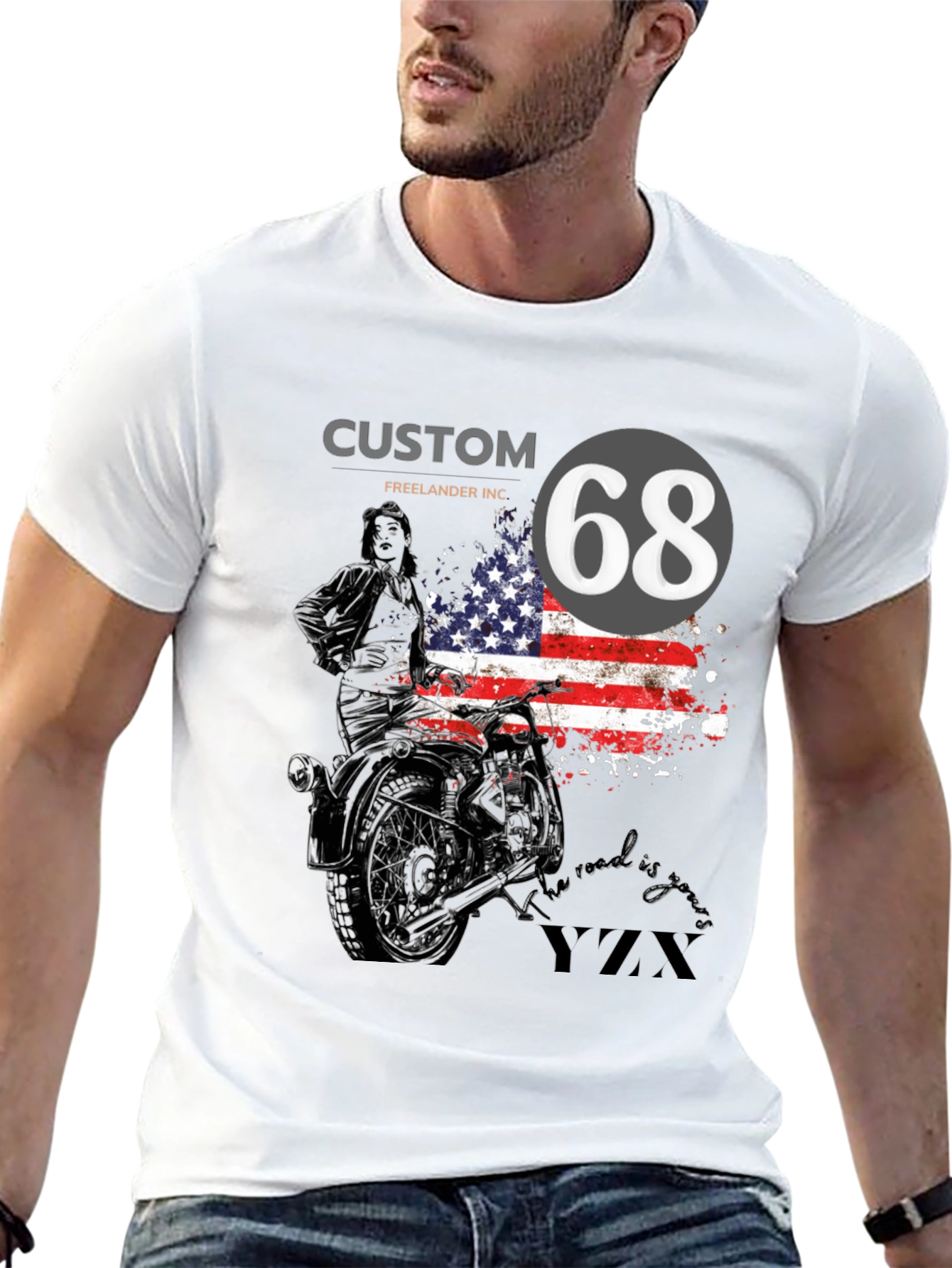 Black Custom 68 American Flag Motorcycle T-Shirt view 13
