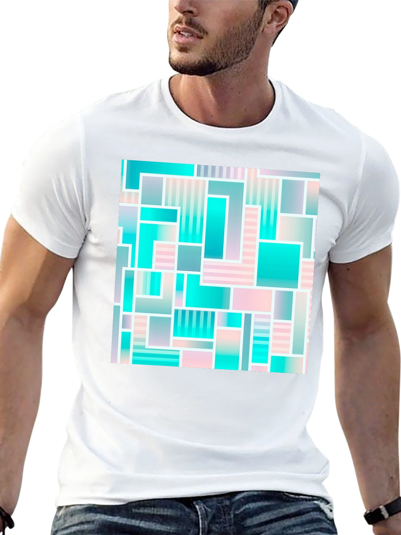 Black Geometric Abstract Teal & Pink T-Shirt view 13