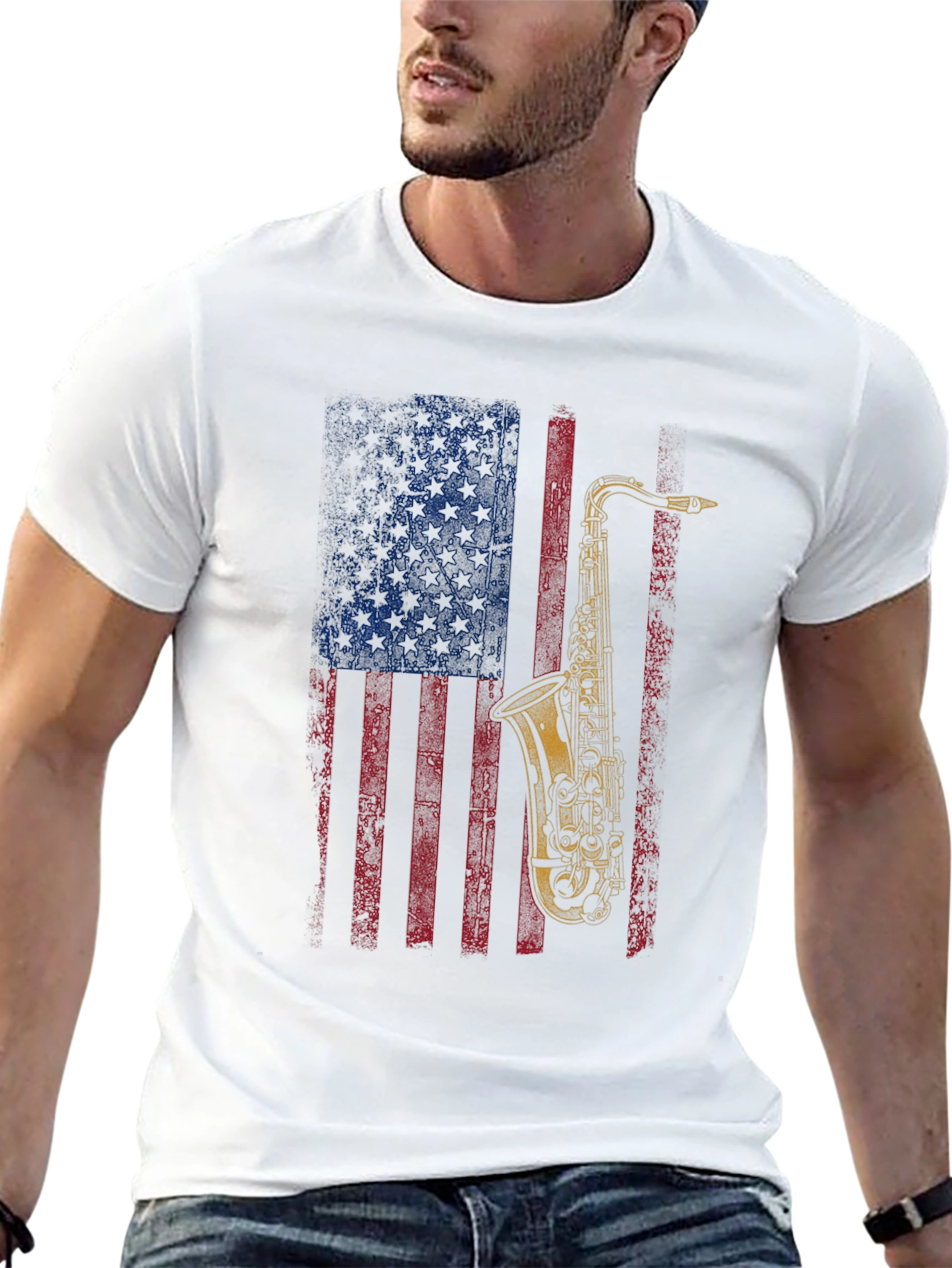 Black Saxophone American Flag Graphic T-Shirt view 13