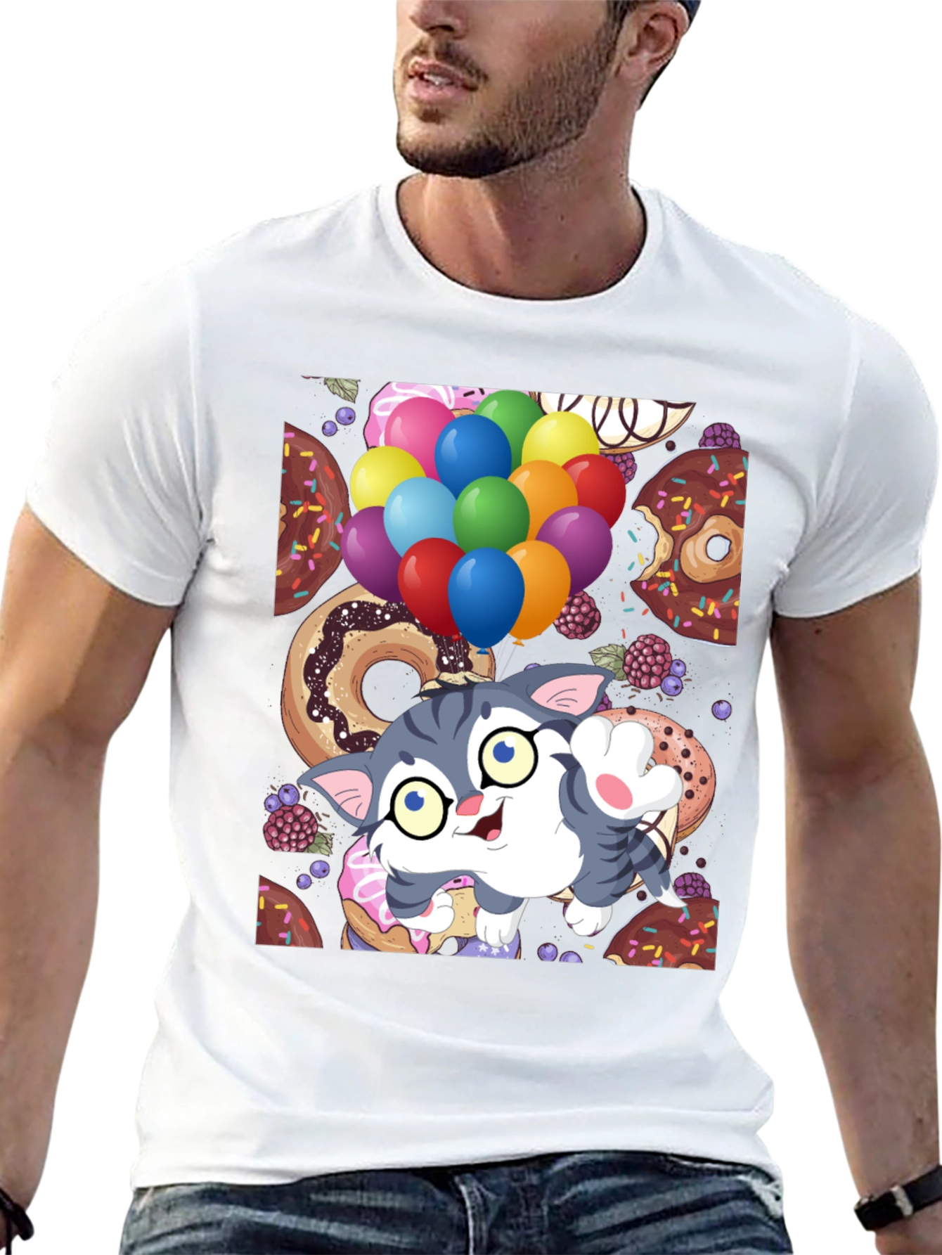 Black Cute Cartoon Cat with Balloons and Donuts T-Shirt view 13