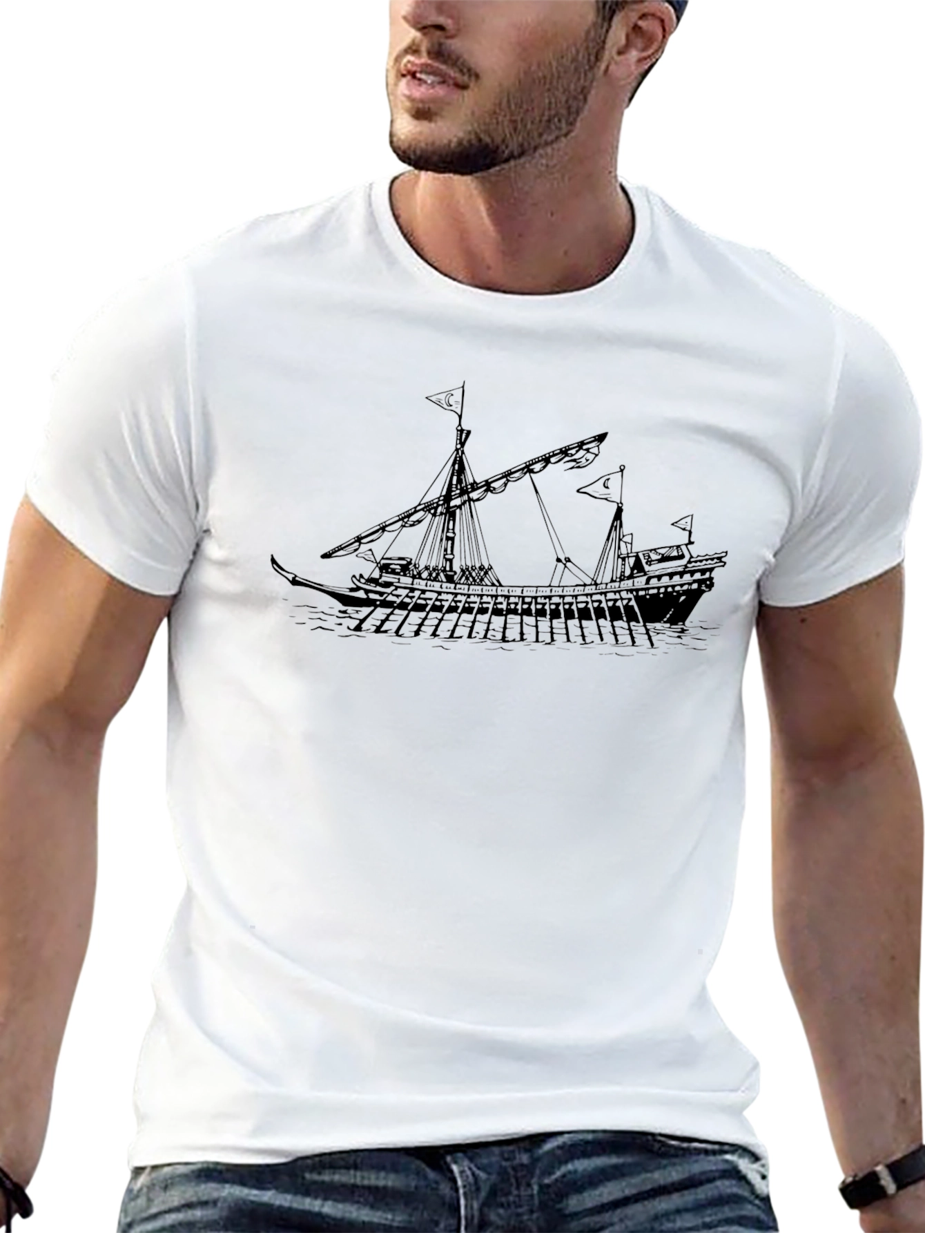 Black Vintage Ship Graphic Tee - Black Cotton T-Shirt view 13