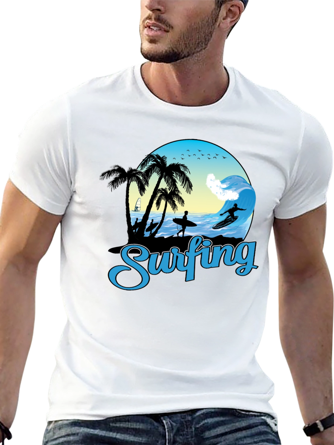Black Surfing Graphic T-Shirt - Black Cotton Tee view 13