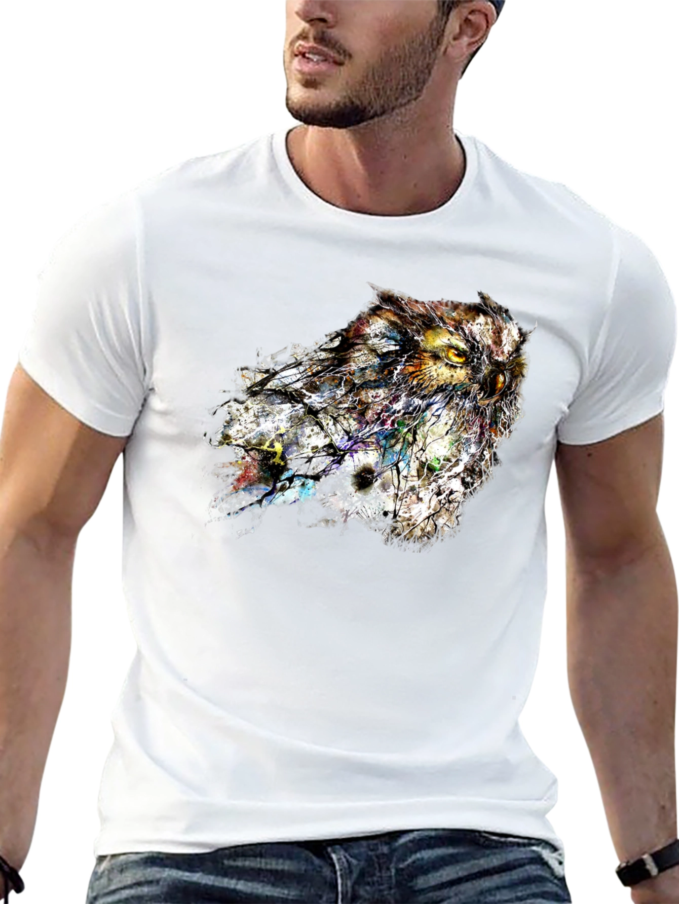 Black Abstract Owl Graphic Tee - Stylish Men's Black T-Shirt view 13