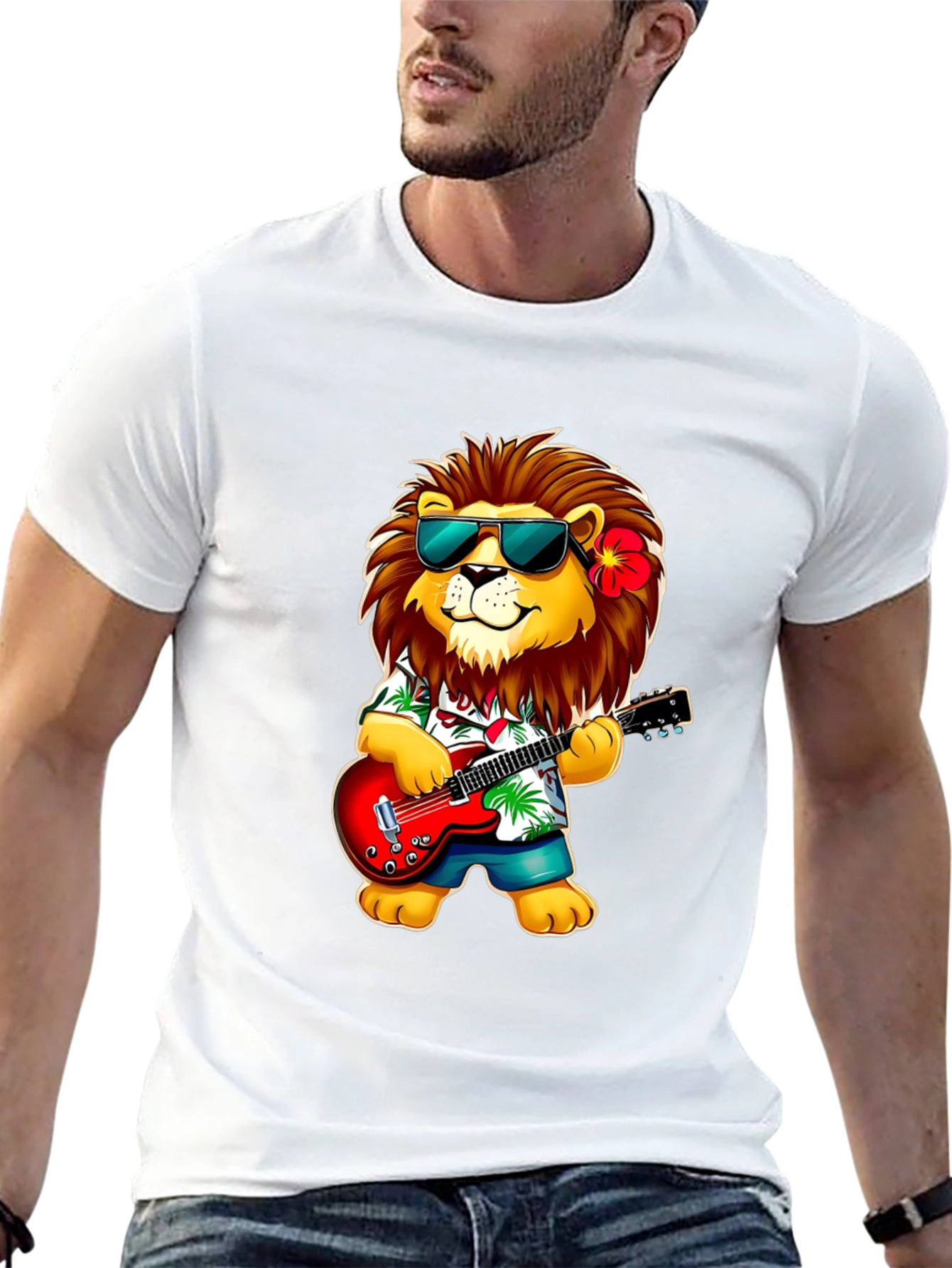 Black Lion Guitarist Graphic Tee - Cool Novelty Shirt view 13