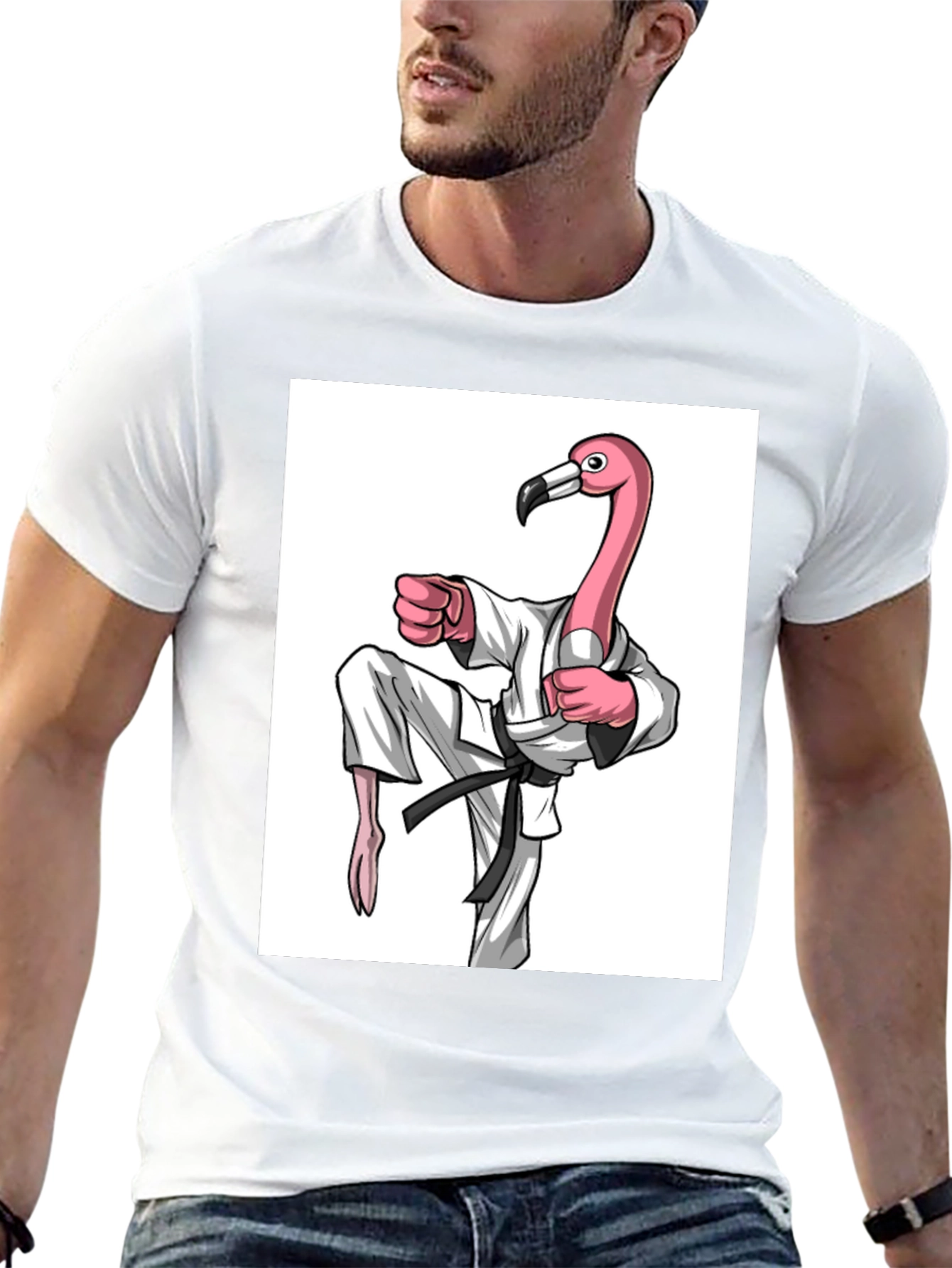 Black Karate Flamingo Black T-Shirt - Unique Graphic Tee view 13