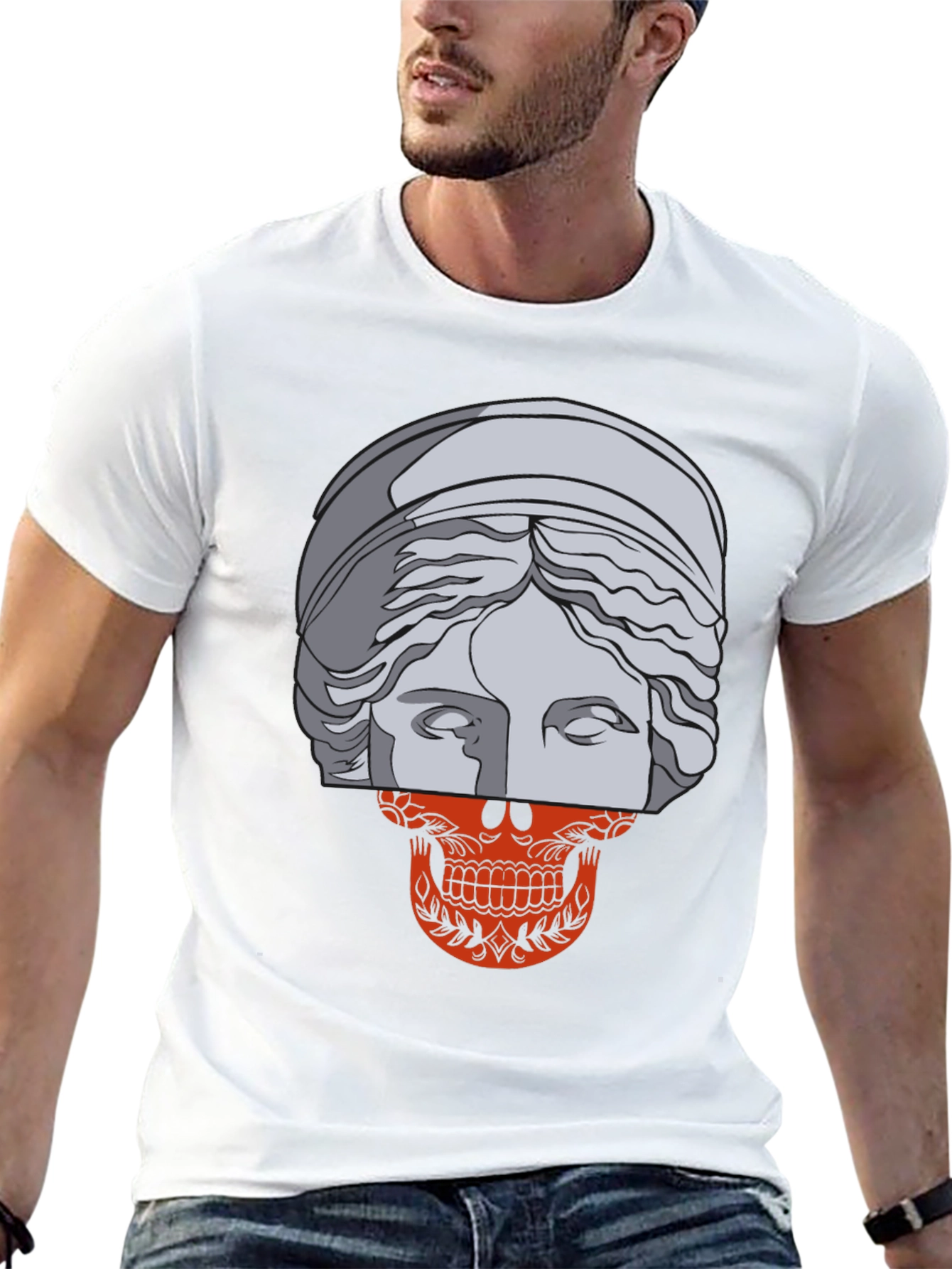 Black Skull Meets Statue Graphic Tee view 13