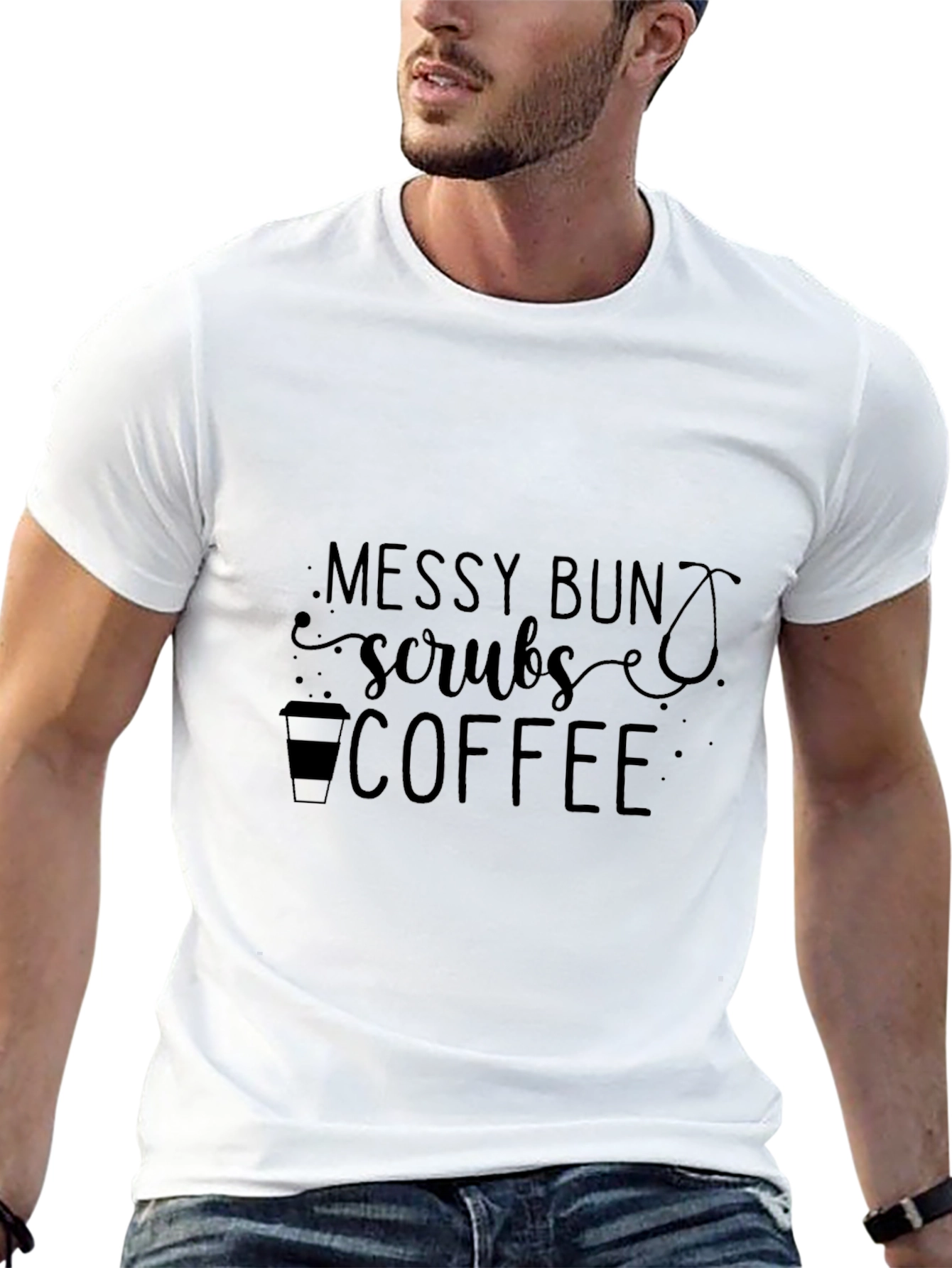 Black Messy Bun Scrubs Coffee Graphic T-Shirt view 13