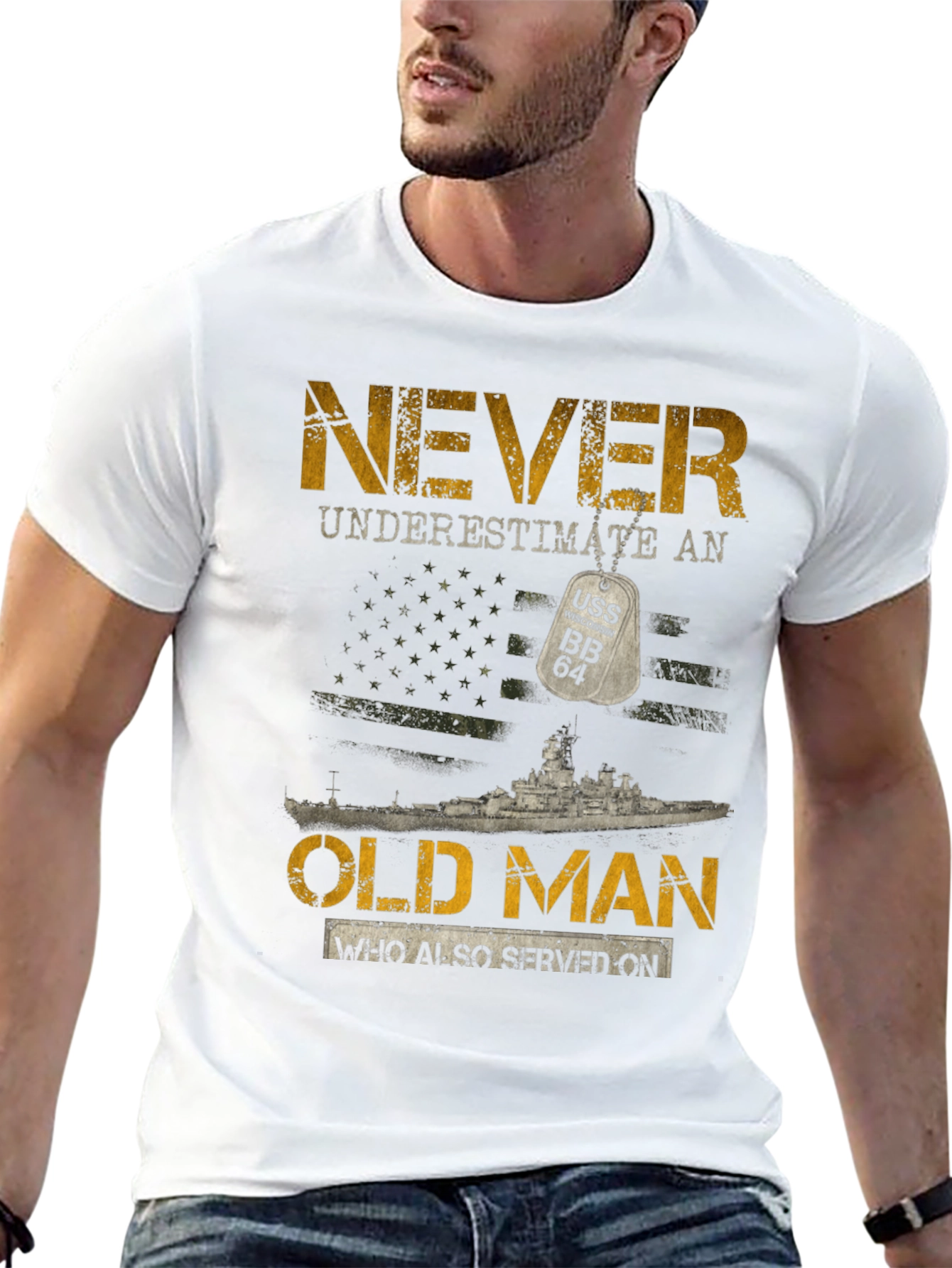 Black Never Underestimate an Old Man USS BB 64 T-Shirt view 13