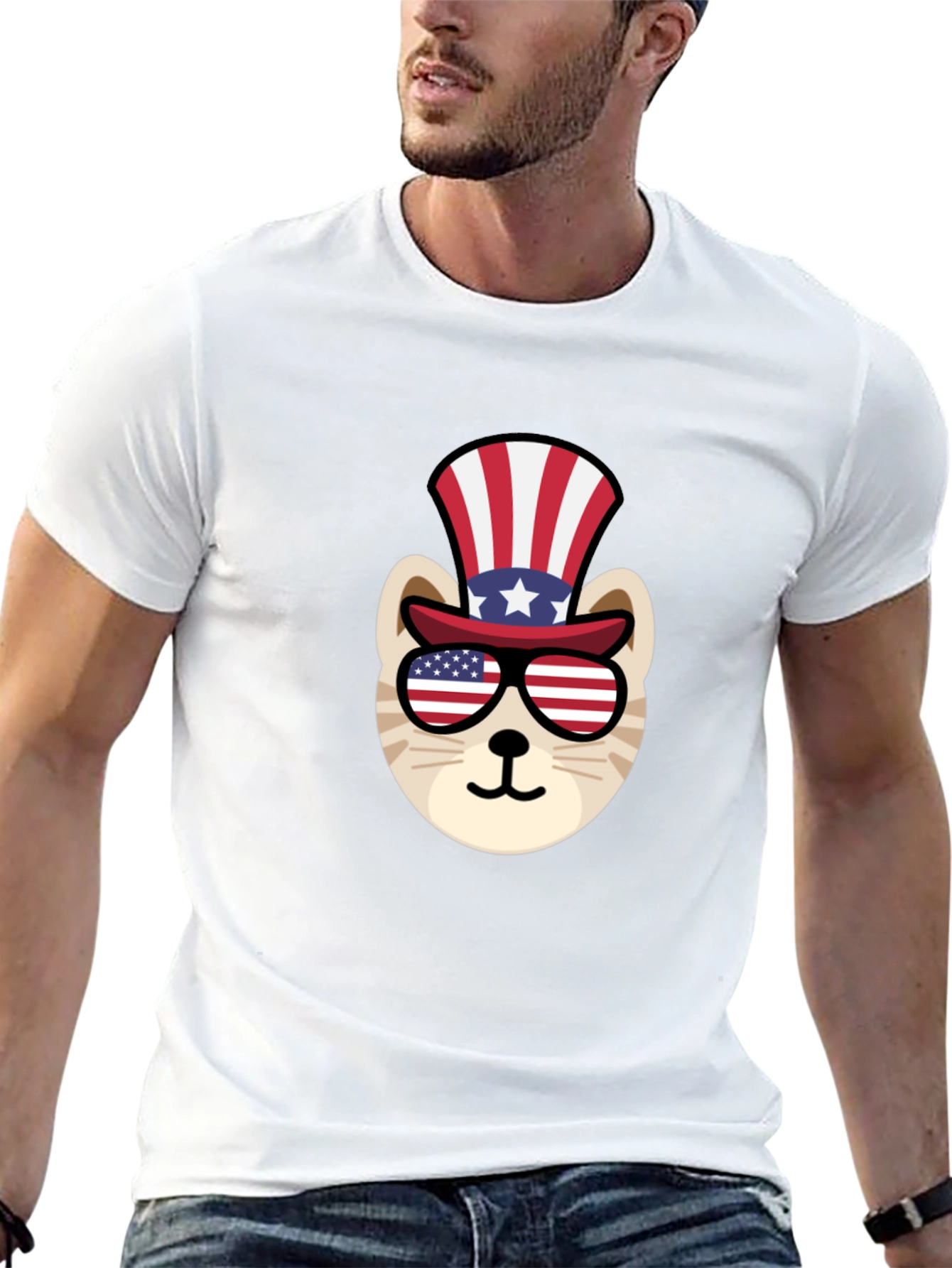 Black Patriotic Cat T-Shirt: American Flag Top Hat & Glasses view 13
