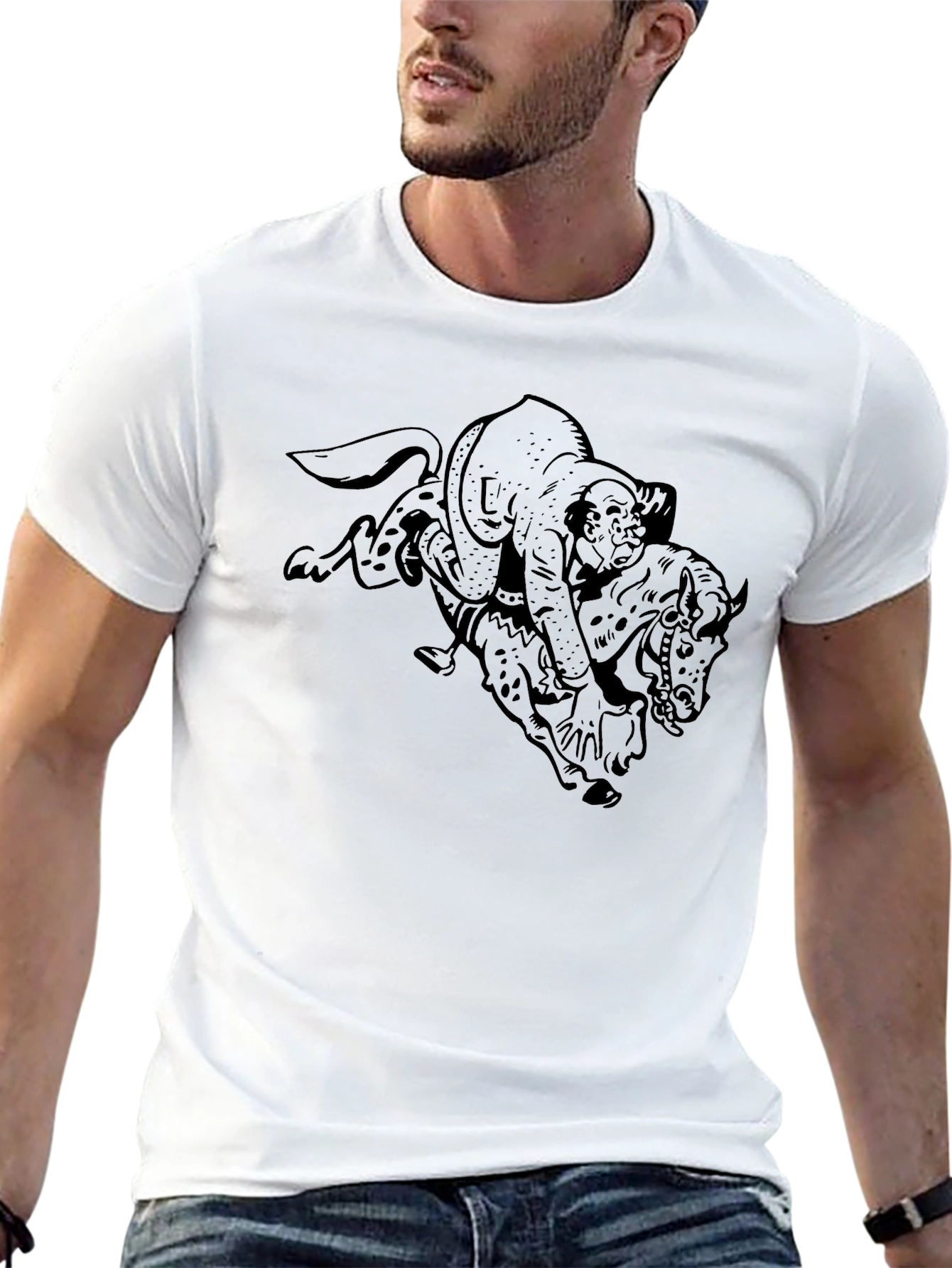 Black Black Graphic Tee - Man Riding Animal Design view 13