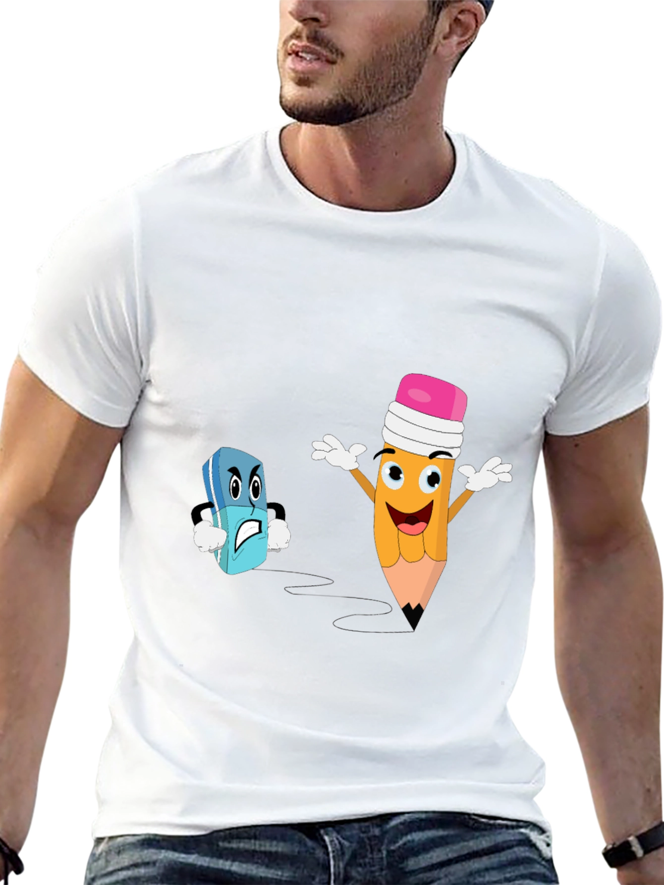 Black Funny Pencil vs Eraser Cartoon Black T-Shirt view 13