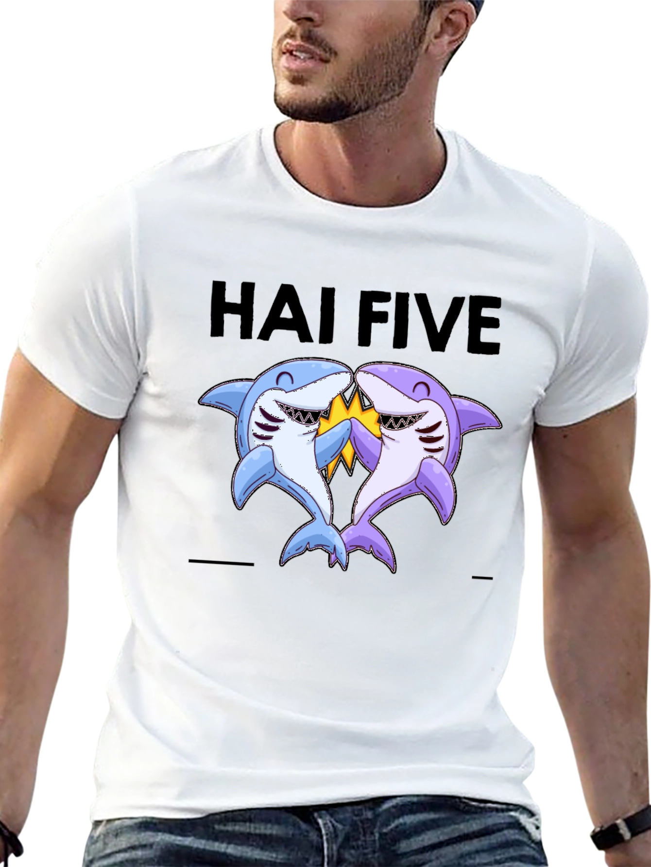 Black Hai Five T-Shirt - Funny Shark High Five Tee view 13
