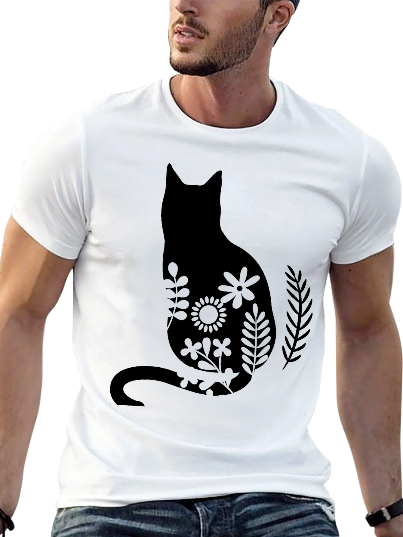 Black Floral Cat Silhouette Black T-Shirt view 13